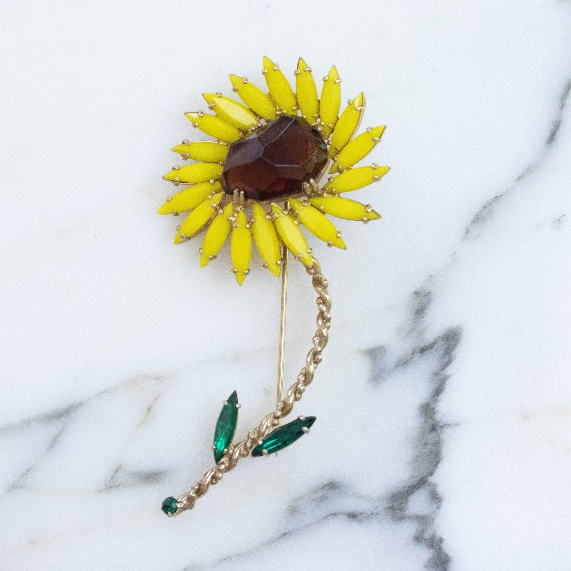 Vintage Tara Yellow and Amber Rhinestone Sunflower Brooch by tara - Vintage Meet Modern Vintage Jewelry - Chicago, Illinois - #oldhollywoodglamour #vintagemeetmodern #designervintage #jewelrybox #antiquejewelry #vintagejewelry