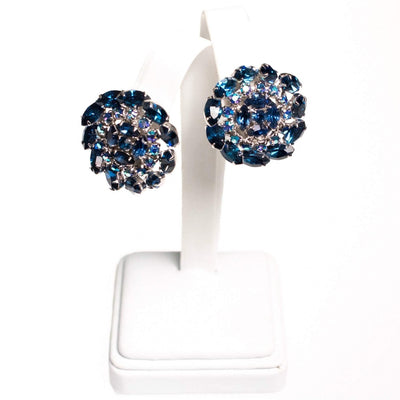 Vintage Sapphire Blue and Aurora Borealis Rhinestone Medallion Earrings by 1950s - Vintage Meet Modern Vintage Jewelry - Chicago, Illinois - #oldhollywoodglamour #vintagemeetmodern #designervintage #jewelrybox #antiquejewelry #vintagejewelry