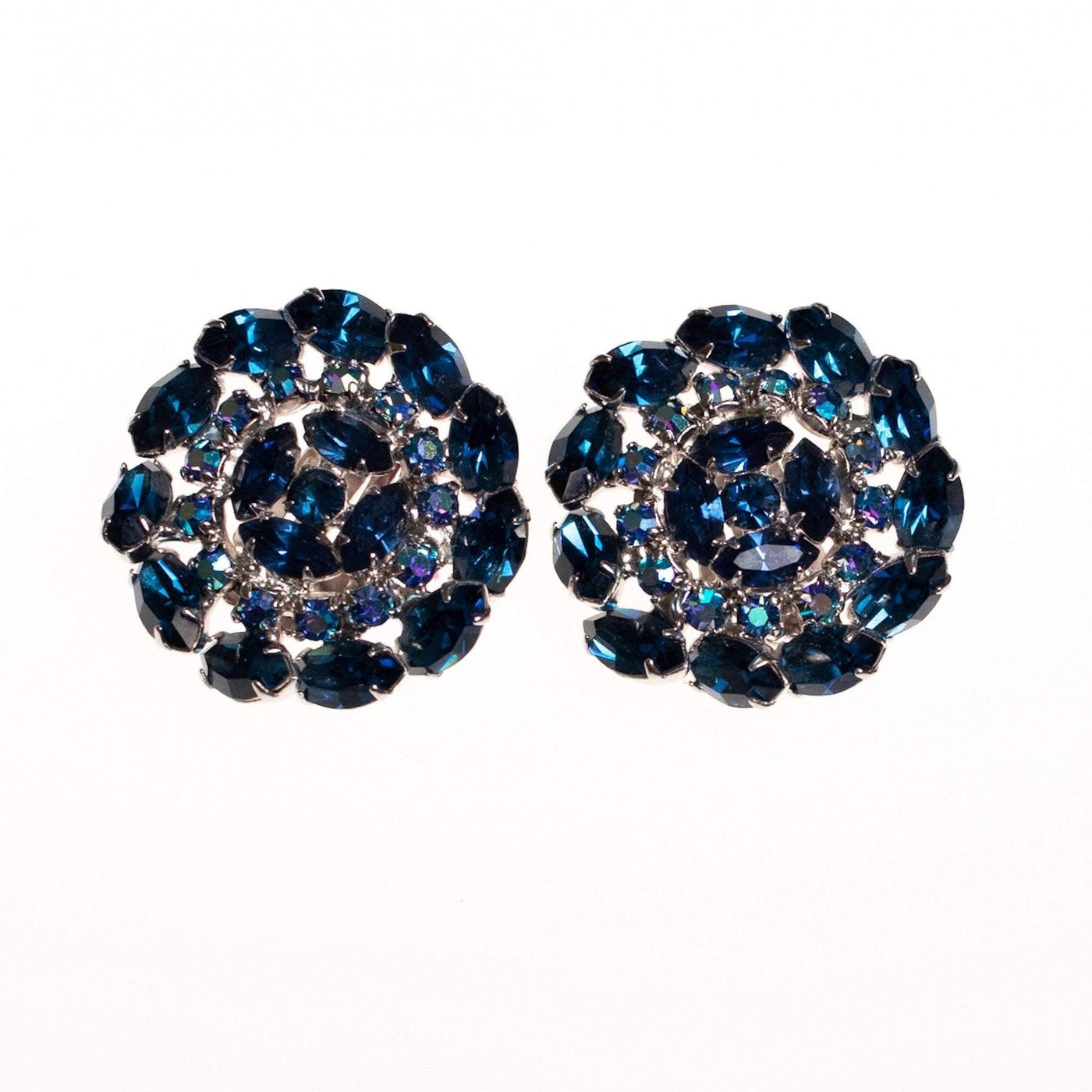 Vintage Sapphire Blue and Aurora Borealis Rhinestone Medallion Earrings