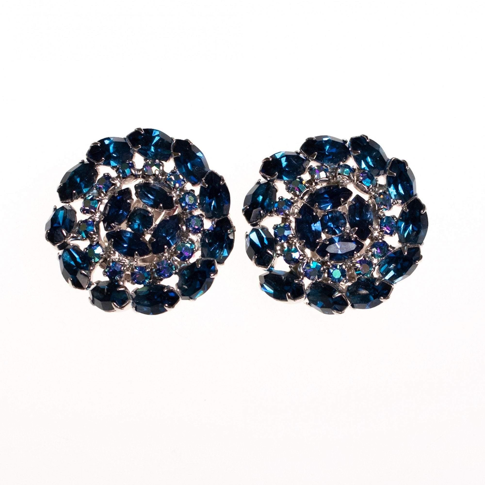 Vintage Sapphire Blue and Aurora Borealis Rhinestone Medallion Earrings by 1950s - Vintage Meet Modern Vintage Jewelry - Chicago, Illinois - #oldhollywoodglamour #vintagemeetmodern #designervintage #jewelrybox #antiquejewelry #vintagejewelry