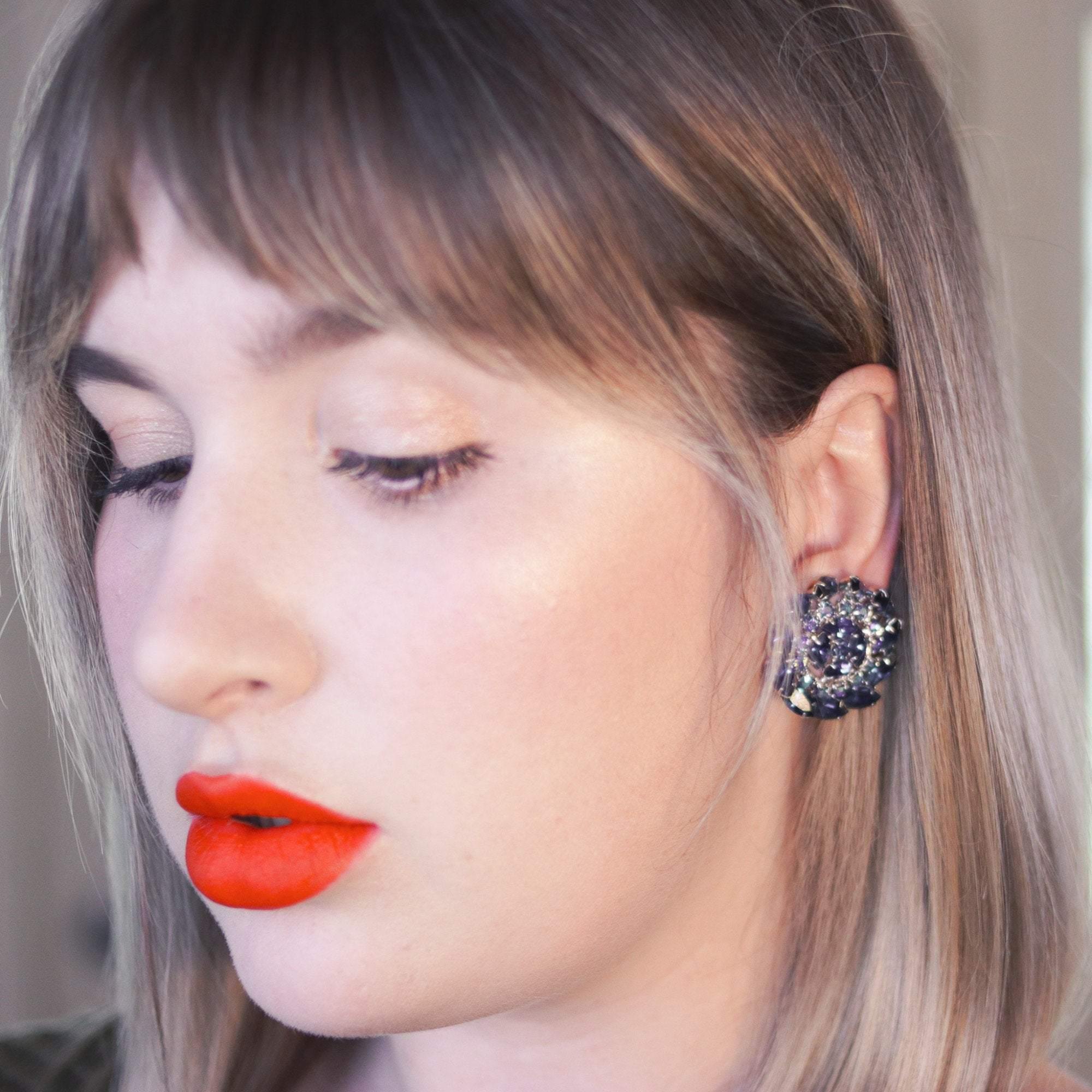 Vintage Sapphire Blue and Aurora Borealis Rhinestone Medallion Earrings by 1950s - Vintage Meet Modern Vintage Jewelry - Chicago, Illinois - #oldhollywoodglamour #vintagemeetmodern #designervintage #jewelrybox #antiquejewelry #vintagejewelry