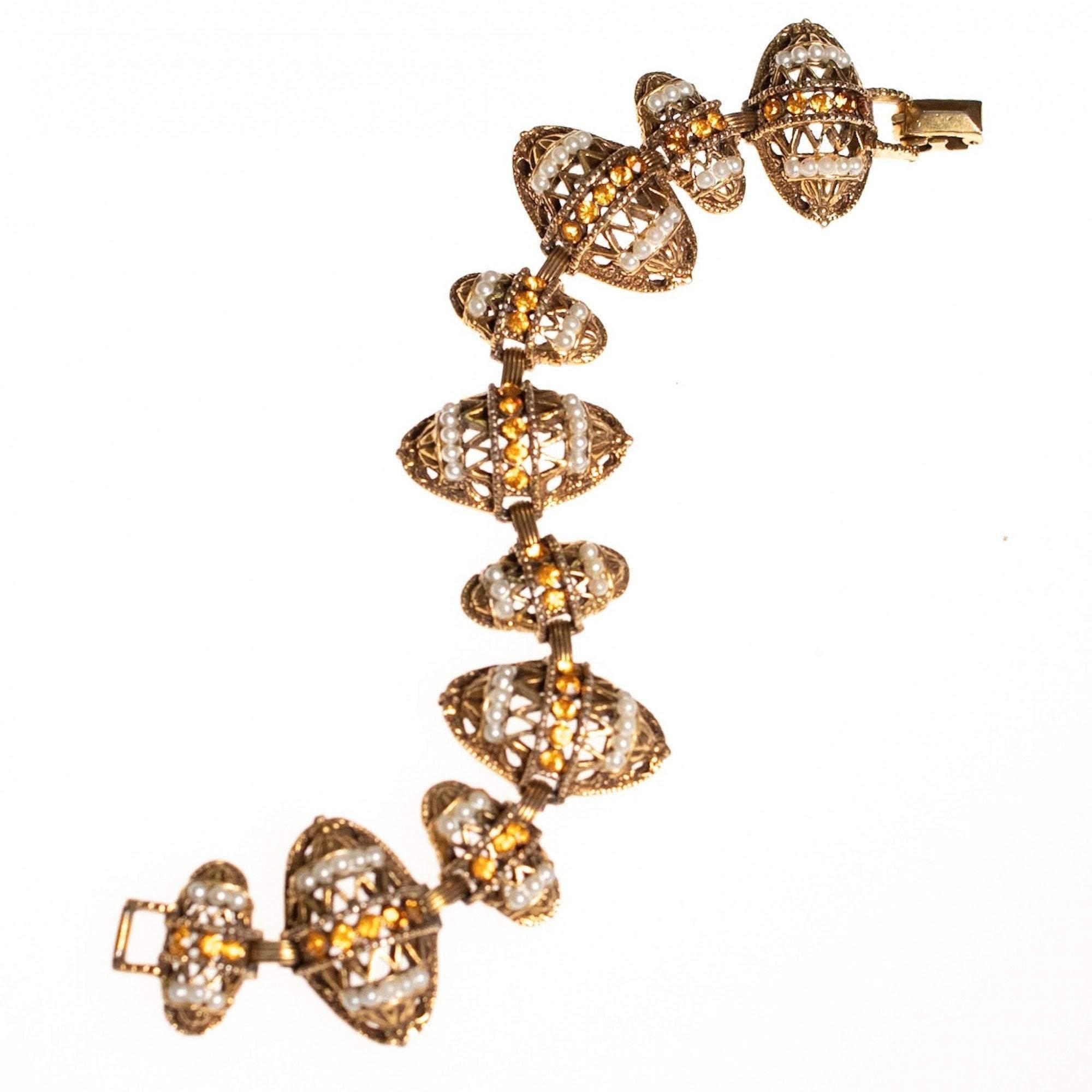 Vintage Victorian Revival Ornate Antique Gold Tone Bracelet with Citrine Rhinestones and Faux Pearls by 1980s - Vintage Meet Modern Vintage Jewelry - Chicago, Illinois - #oldhollywoodglamour #vintagemeetmodern #designervintage #jewelrybox #antiquejewelry #vintagejewelry