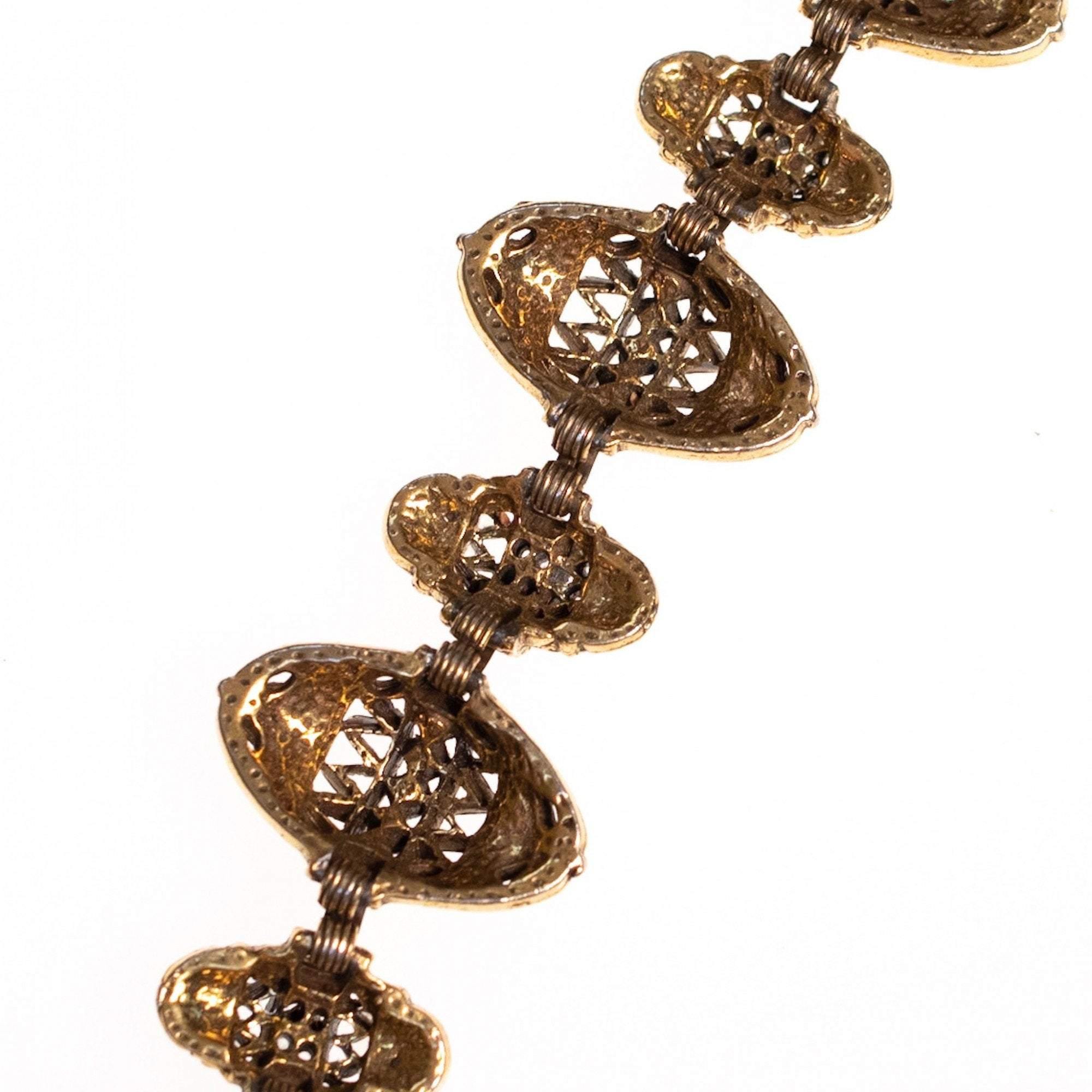 Vintage Victorian Revival Ornate Antique Gold Tone Bracelet with Citrine Rhinestones and Faux Pearls by 1980s - Vintage Meet Modern Vintage Jewelry - Chicago, Illinois - #oldhollywoodglamour #vintagemeetmodern #designervintage #jewelrybox #antiquejewelry #vintagejewelry