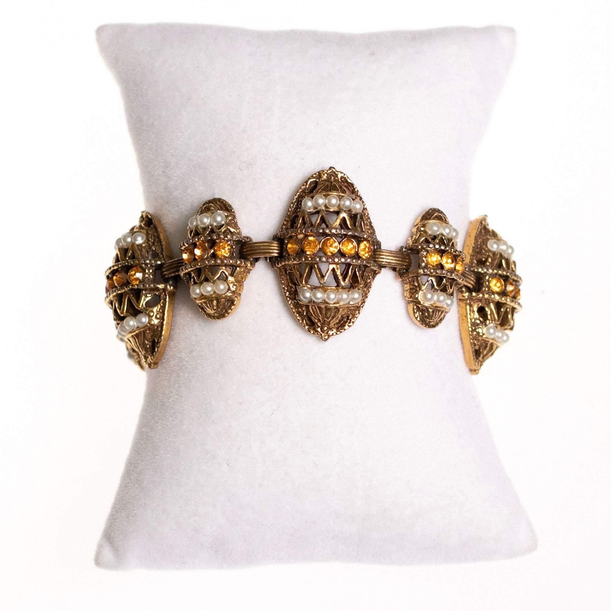 Vintage Victorian Revival Ornate Antique Gold Tone Bracelet with Citrine Rhinestones and Faux Pearls by 1980s - Vintage Meet Modern Vintage Jewelry - Chicago, Illinois - #oldhollywoodglamour #vintagemeetmodern #designervintage #jewelrybox #antiquejewelry #vintagejewelry