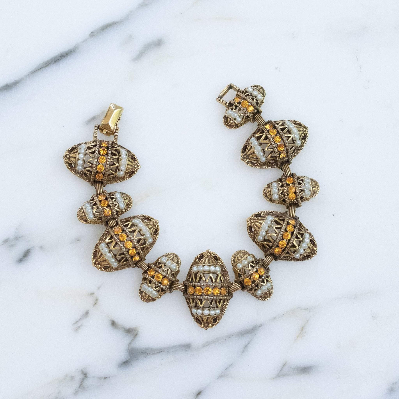 Vintage Victorian Revival Ornate Antique Gold Tone Bracelet with Citrine Rhinestones and Faux Pearls