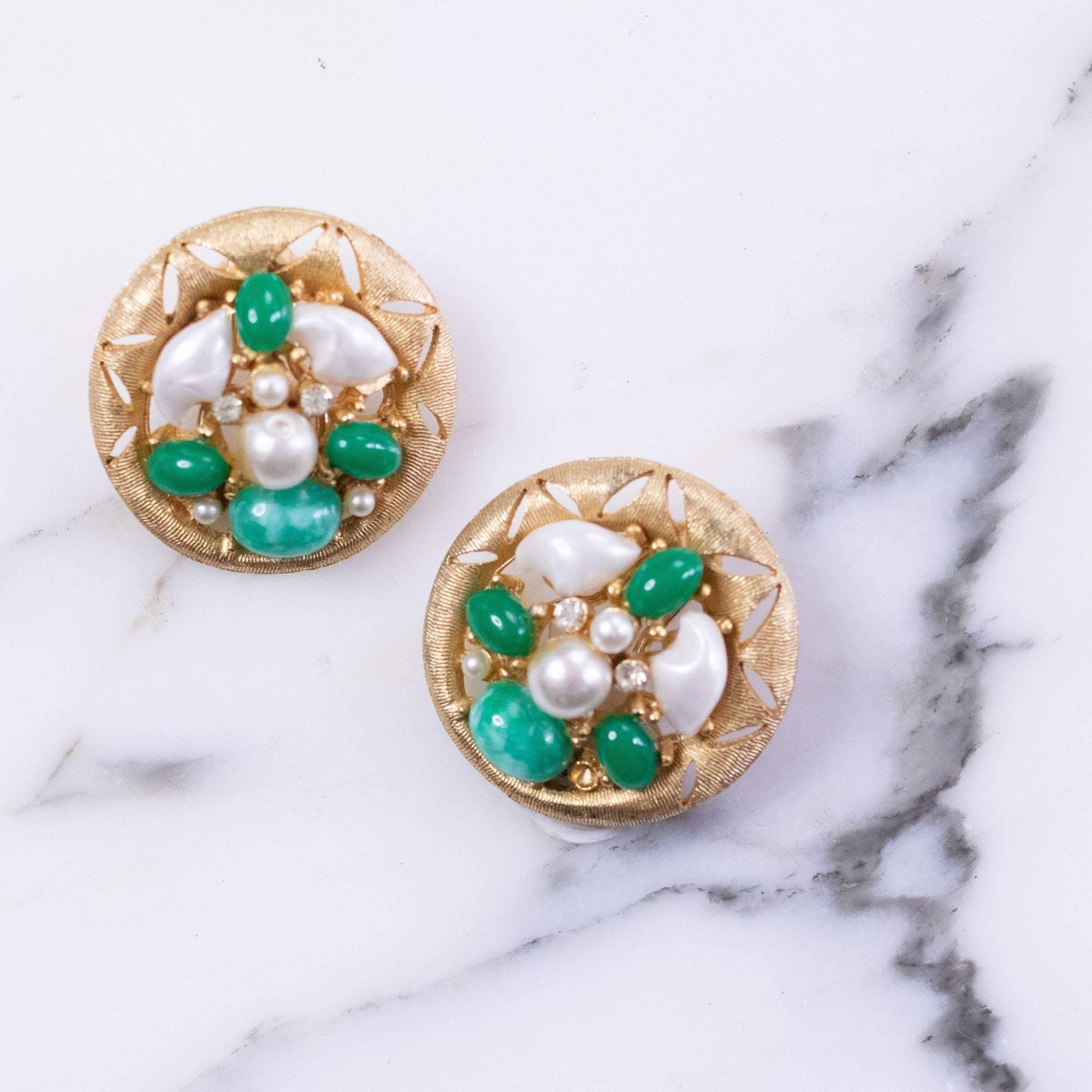 Vintage BSK Jade Lucite and Faux Pearl Cluster Medallion Statement Earrings by BSK - Vintage Meet Modern Vintage Jewelry - Chicago, Illinois - #oldhollywoodglamour #vintagemeetmodern #designervintage #jewelrybox #antiquejewelry #vintagejewelry