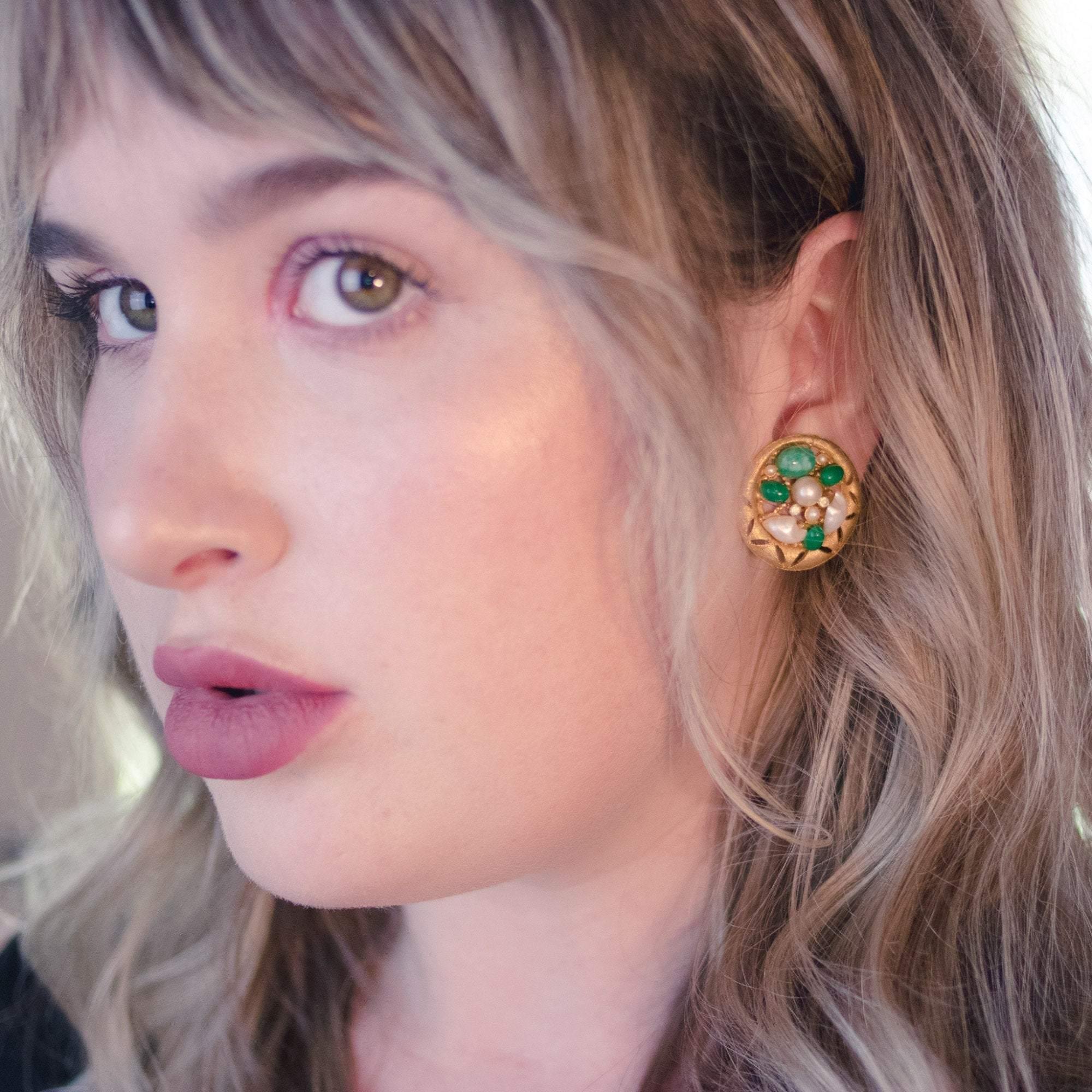 Vintage BSK Jade Lucite and Faux Pearl Cluster Medallion Statement Earrings by BSK - Vintage Meet Modern Vintage Jewelry - Chicago, Illinois - #oldhollywoodglamour #vintagemeetmodern #designervintage #jewelrybox #antiquejewelry #vintagejewelry