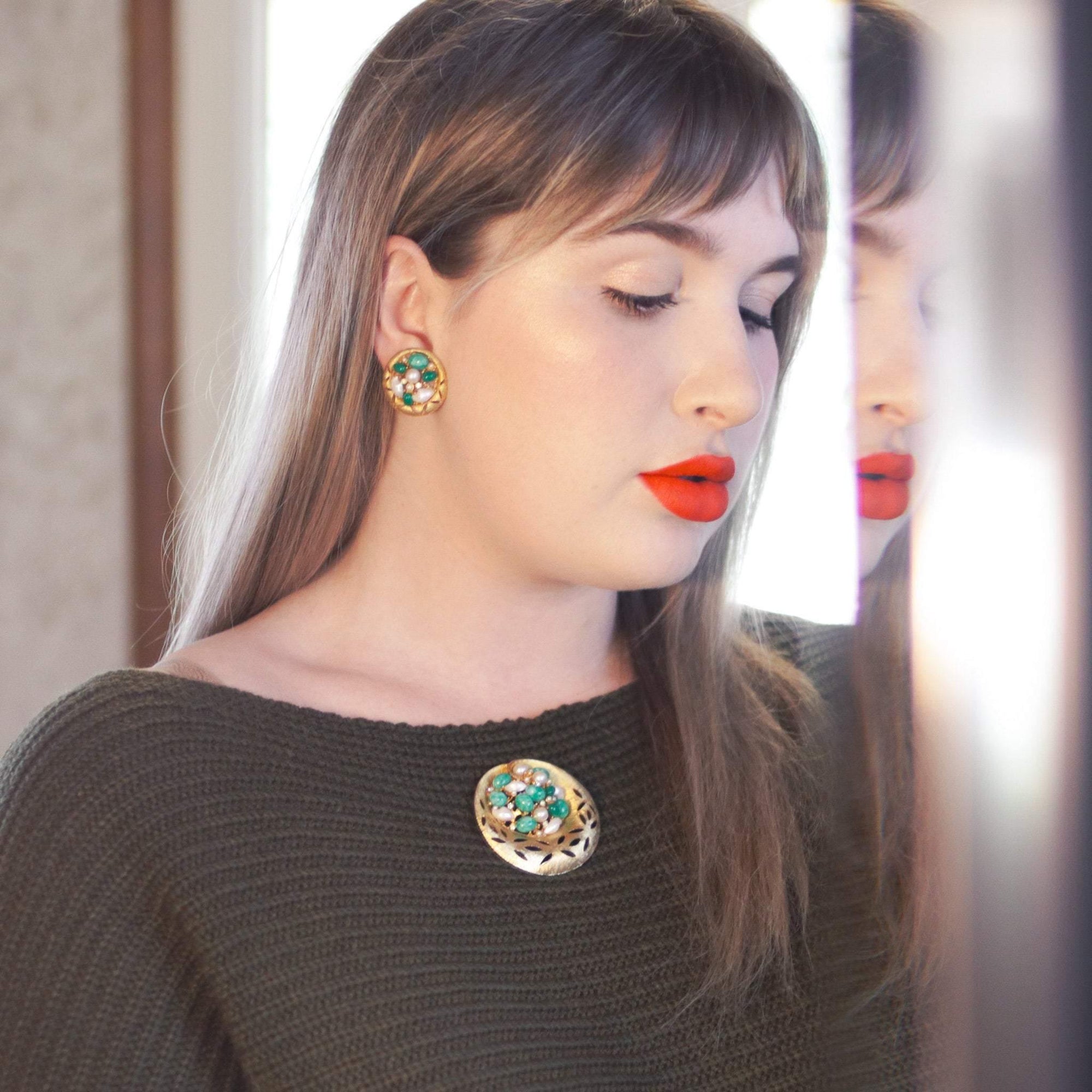 Vintage BSK Jade Lucite and Faux Pearl Cluster Medallion Statement Earrings by BSK - Vintage Meet Modern Vintage Jewelry - Chicago, Illinois - #oldhollywoodglamour #vintagemeetmodern #designervintage #jewelrybox #antiquejewelry #vintagejewelry