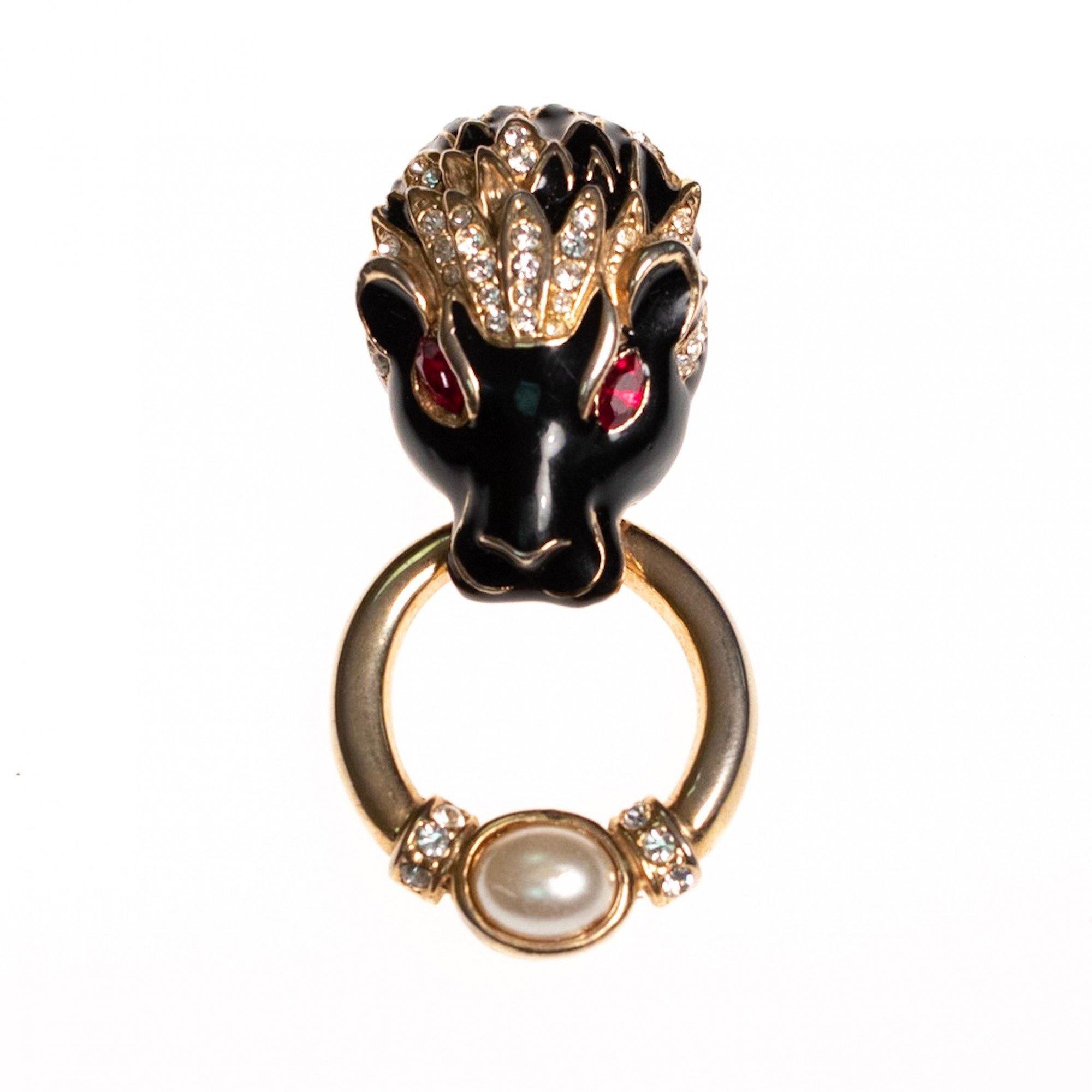 Vintage Lion Doorknocker Brooch Black Enamel with Pave Crystals and Ruby Red Crystal Eyes by 1980s - Vintage Meet Modern Vintage Jewelry - Chicago, Illinois - #oldhollywoodglamour #vintagemeetmodern #designervintage #jewelrybox #antiquejewelry #vintagejewelry