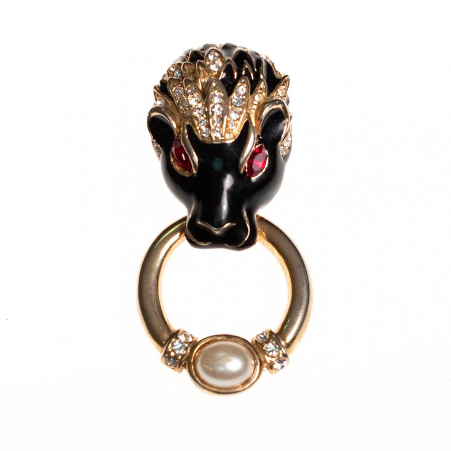 Vintage Lion Doorknocker Brooch Black Enamel with Pave Crystals and Ruby Red Crystal Eyes by 1980s - Vintage Meet Modern Vintage Jewelry - Chicago, Illinois - #oldhollywoodglamour #vintagemeetmodern #designervintage #jewelrybox #antiquejewelry #vintagejewelry