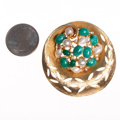 Vintage BSK Jade Lucite and Faux Pearl Medallion Brooch by BSK - Vintage Meet Modern Vintage Jewelry - Chicago, Illinois - #oldhollywoodglamour #vintagemeetmodern #designervintage #jewelrybox #antiquejewelry #vintagejewelry