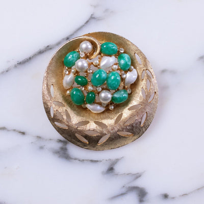 Vintage BSK Jade Lucite and Faux Pearl Medallion Brooch by BSK - Vintage Meet Modern Vintage Jewelry - Chicago, Illinois - #oldhollywoodglamour #vintagemeetmodern #designervintage #jewelrybox #antiquejewelry #vintagejewelry