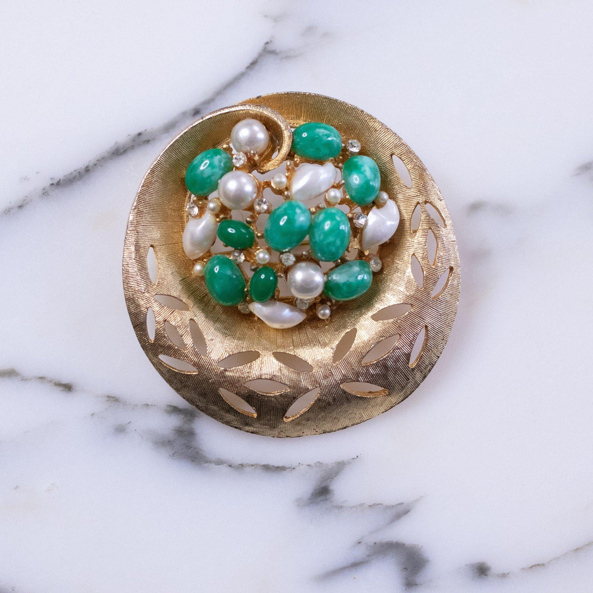Vintage BSK Jade Lucite and Faux Pearl Medallion Brooch