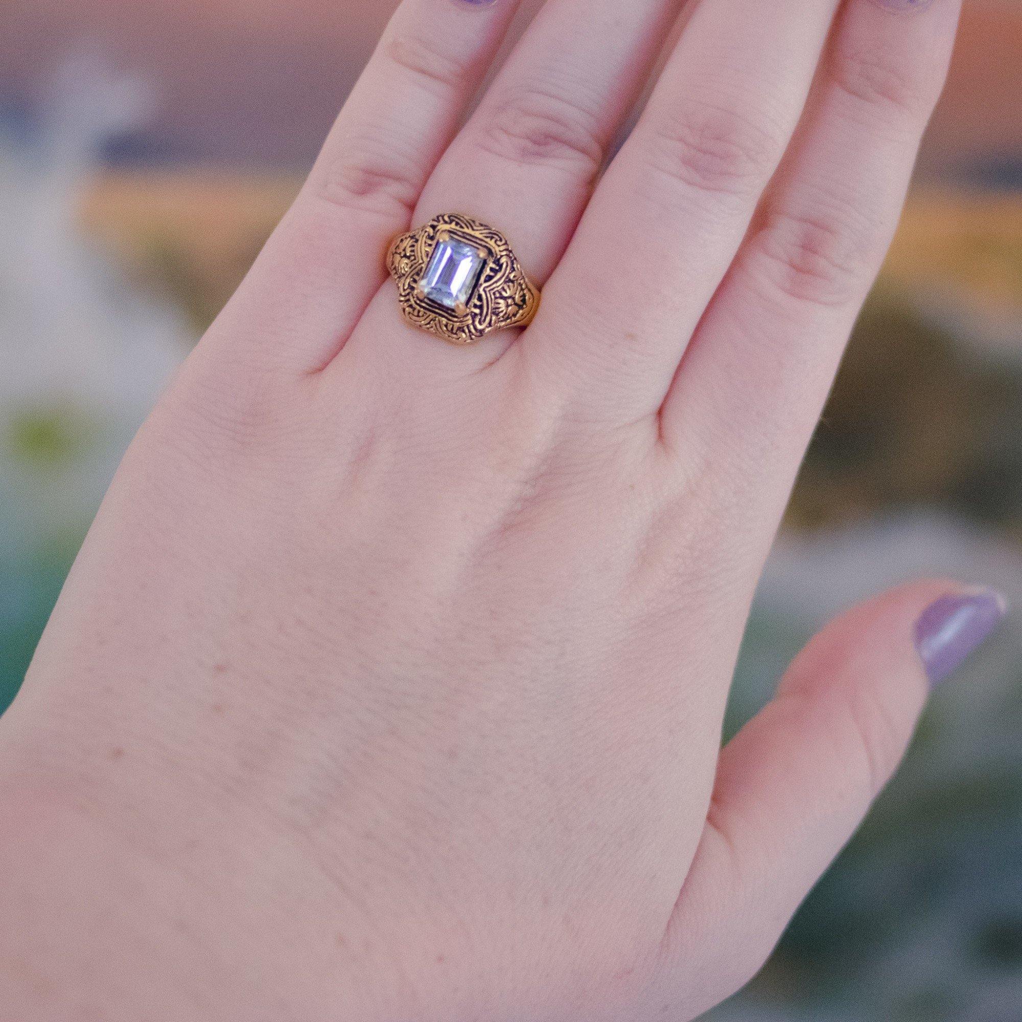 Vintage Art Deco Blue Emerald Cut Crystal Ring with Etched 18kt Gold Plated Setting by Sterling SIlver - Vintage Meet Modern Vintage Jewelry - Chicago, Illinois - #oldhollywoodglamour #vintagemeetmodern #designervintage #jewelrybox #antiquejewelry #vintagejewelry