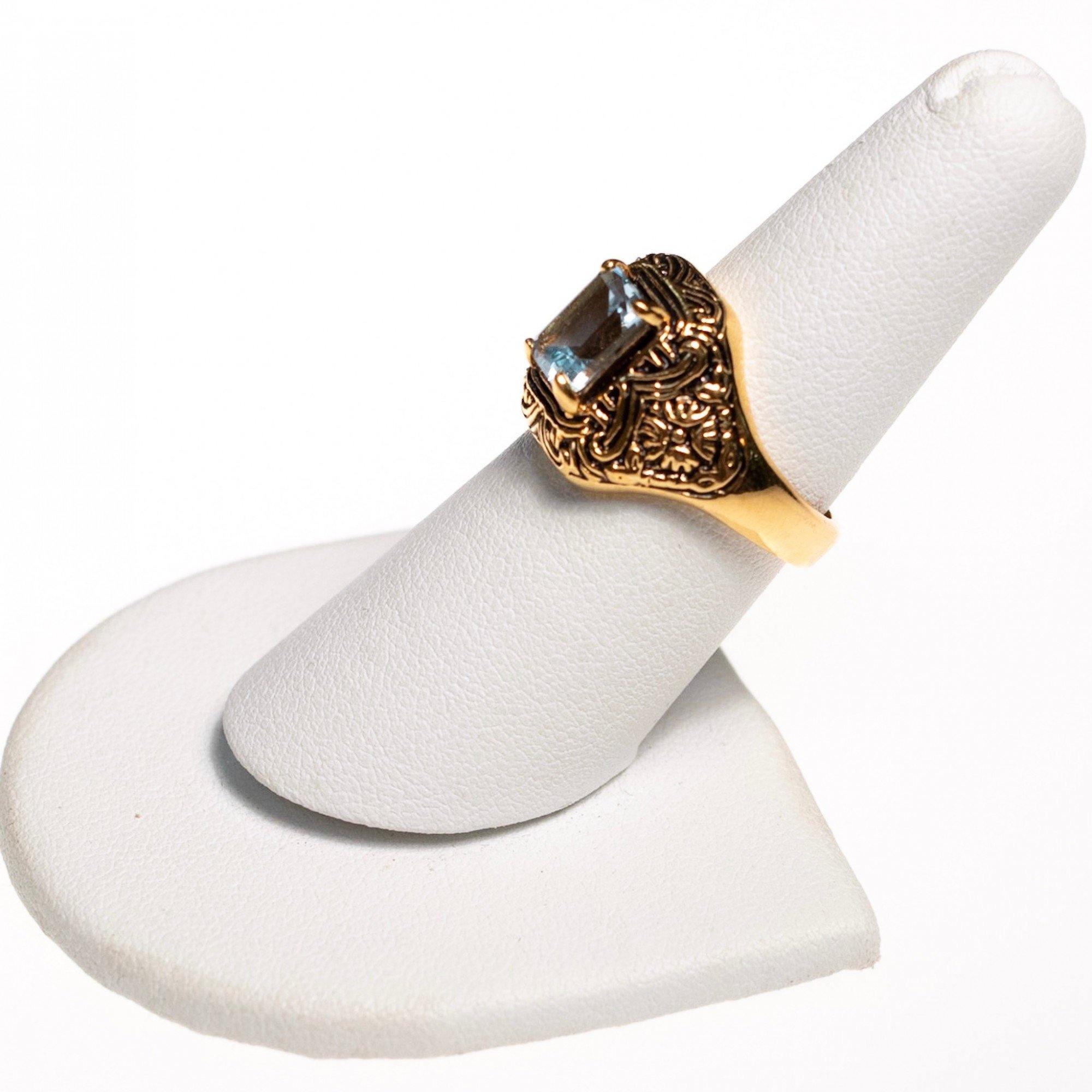 Vintage Art Deco Blue Emerald Cut Crystal Ring with Etched 18kt Gold Plated Setting by Sterling SIlver - Vintage Meet Modern Vintage Jewelry - Chicago, Illinois - #oldhollywoodglamour #vintagemeetmodern #designervintage #jewelrybox #antiquejewelry #vintagejewelry