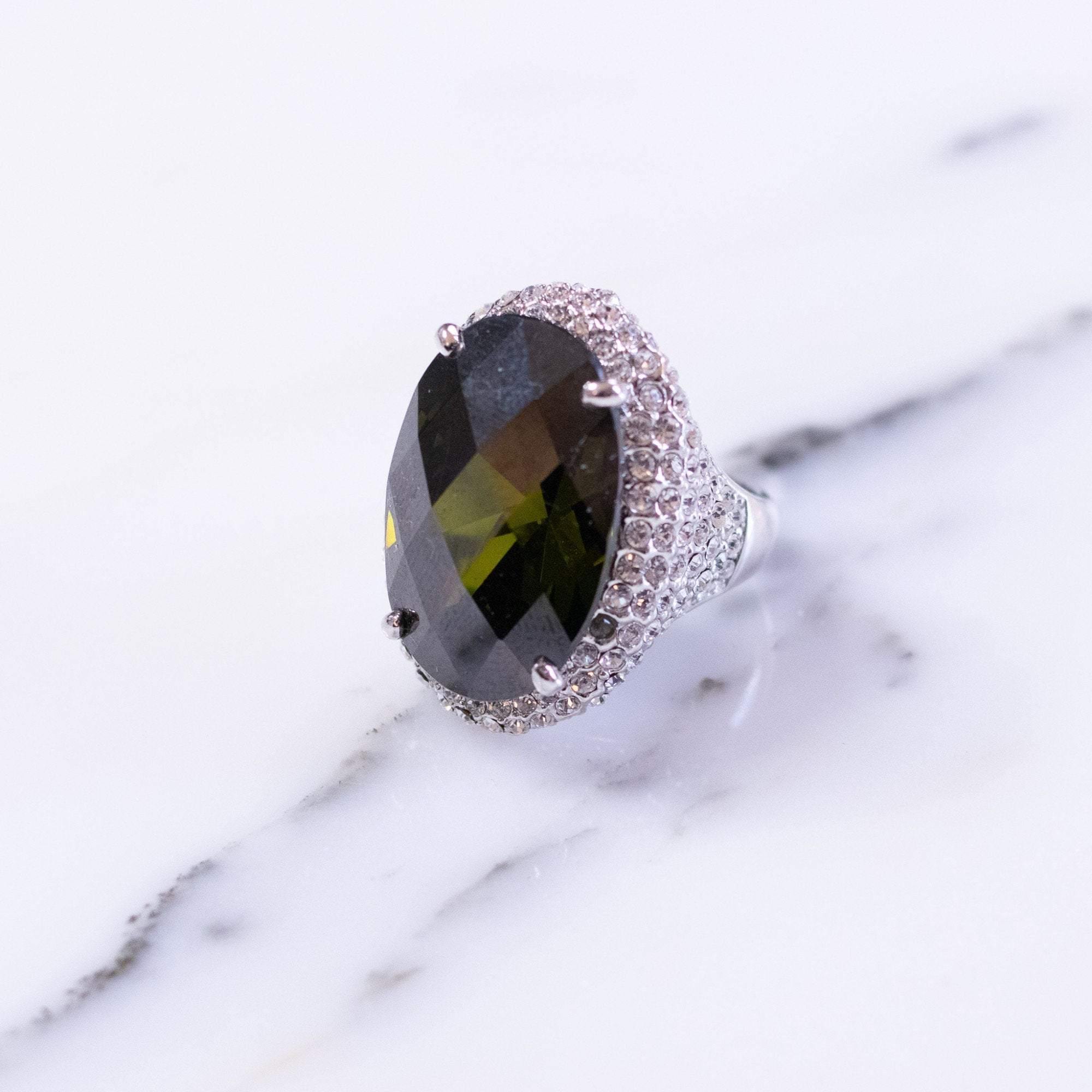 Vintage Olive Oval Crystal Cocktail Ring with Pave Accents by 1990s - Vintage Meet Modern Vintage Jewelry - Chicago, Illinois - #oldhollywoodglamour #vintagemeetmodern #designervintage #jewelrybox #antiquejewelry #vintagejewelry