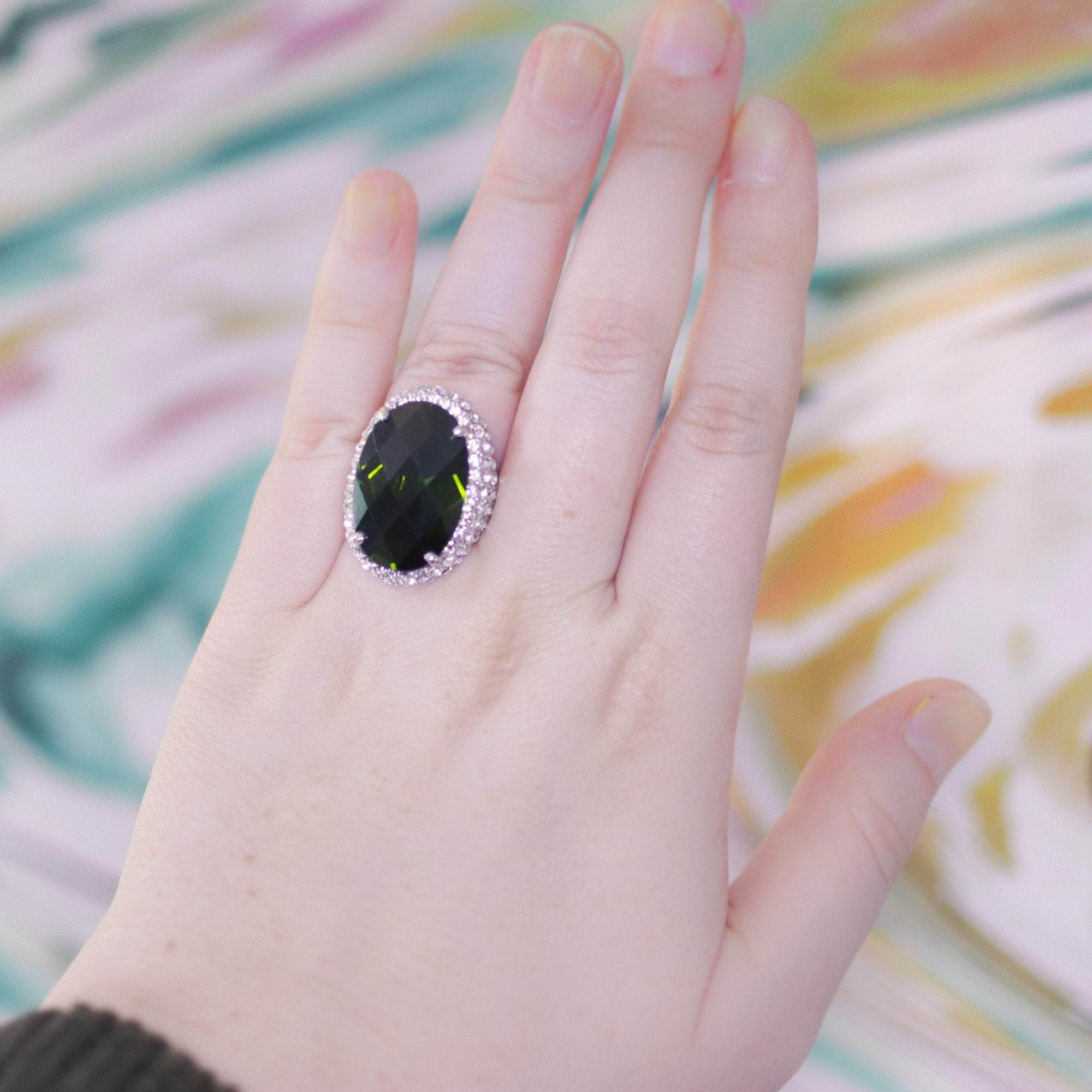 Vintage Olive Oval Crystal Cocktail Ring with Pave Accents by 1990s - Vintage Meet Modern Vintage Jewelry - Chicago, Illinois - #oldhollywoodglamour #vintagemeetmodern #designervintage #jewelrybox #antiquejewelry #vintagejewelry