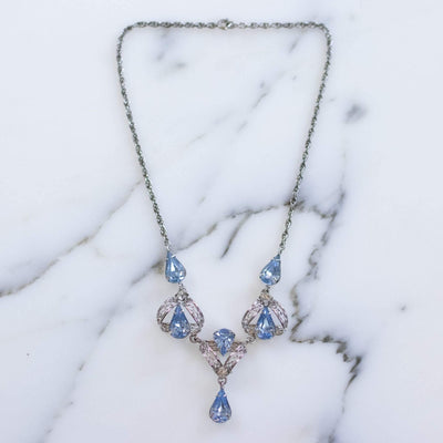 Vintage 1950s Silver Filigree Lavalier Necklace with Blue Crystals by Sterling Silver - Vintage Meet Modern Vintage Jewelry - Chicago, Illinois - #oldhollywoodglamour #vintagemeetmodern #designervintage #jewelrybox #antiquejewelry #vintagejewelry