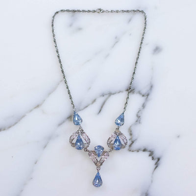 Vintage 1950s Silver Filigree Lavalier Necklace with Blue Crystals by Sterling Silver - Vintage Meet Modern Vintage Jewelry - Chicago, Illinois - #oldhollywoodglamour #vintagemeetmodern #designervintage #jewelrybox #antiquejewelry #vintagejewelry