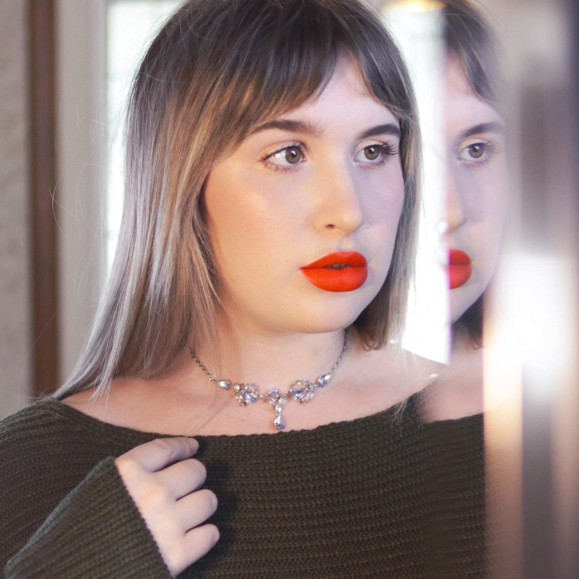 Vintage 1950s Silver Filigree Lavalier Necklace with Blue Crystals by Sterling Silver - Vintage Meet Modern Vintage Jewelry - Chicago, Illinois - #oldhollywoodglamour #vintagemeetmodern #designervintage #jewelrybox #antiquejewelry #vintagejewelry