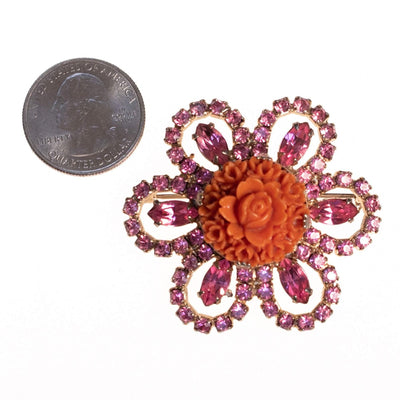 Vintage Kramer NY Coral Celluloid and Pink Rhinestone Brooch by Kramer NY - Vintage Meet Modern Vintage Jewelry - Chicago, Illinois - #oldhollywoodglamour #vintagemeetmodern #designervintage #jewelrybox #antiquejewelry #vintagejewelry