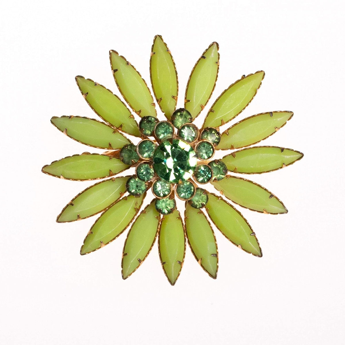 Vintage Green Rhinestone Flower Brooch
