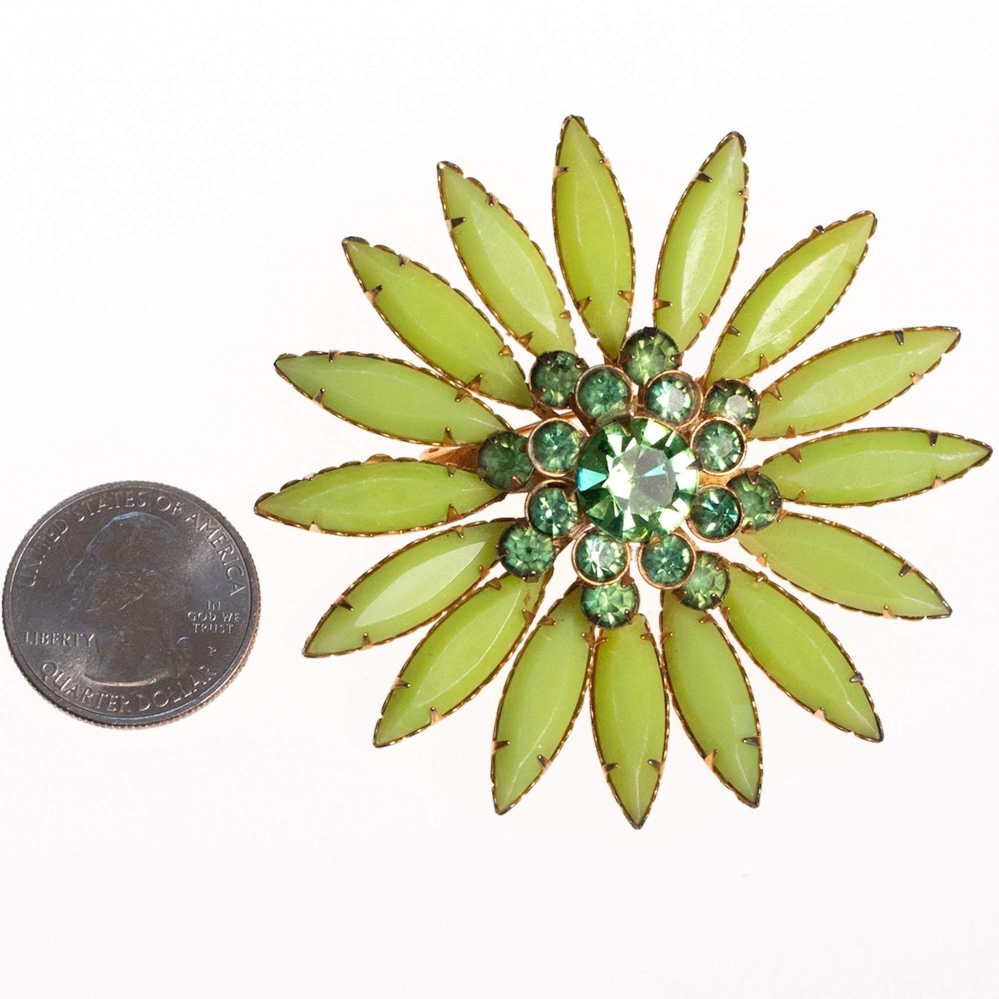 Vintage Green Rhinestone Flower Brooch by 1950s - Vintage Meet Modern Vintage Jewelry - Chicago, Illinois - #oldhollywoodglamour #vintagemeetmodern #designervintage #jewelrybox #antiquejewelry #vintagejewelry