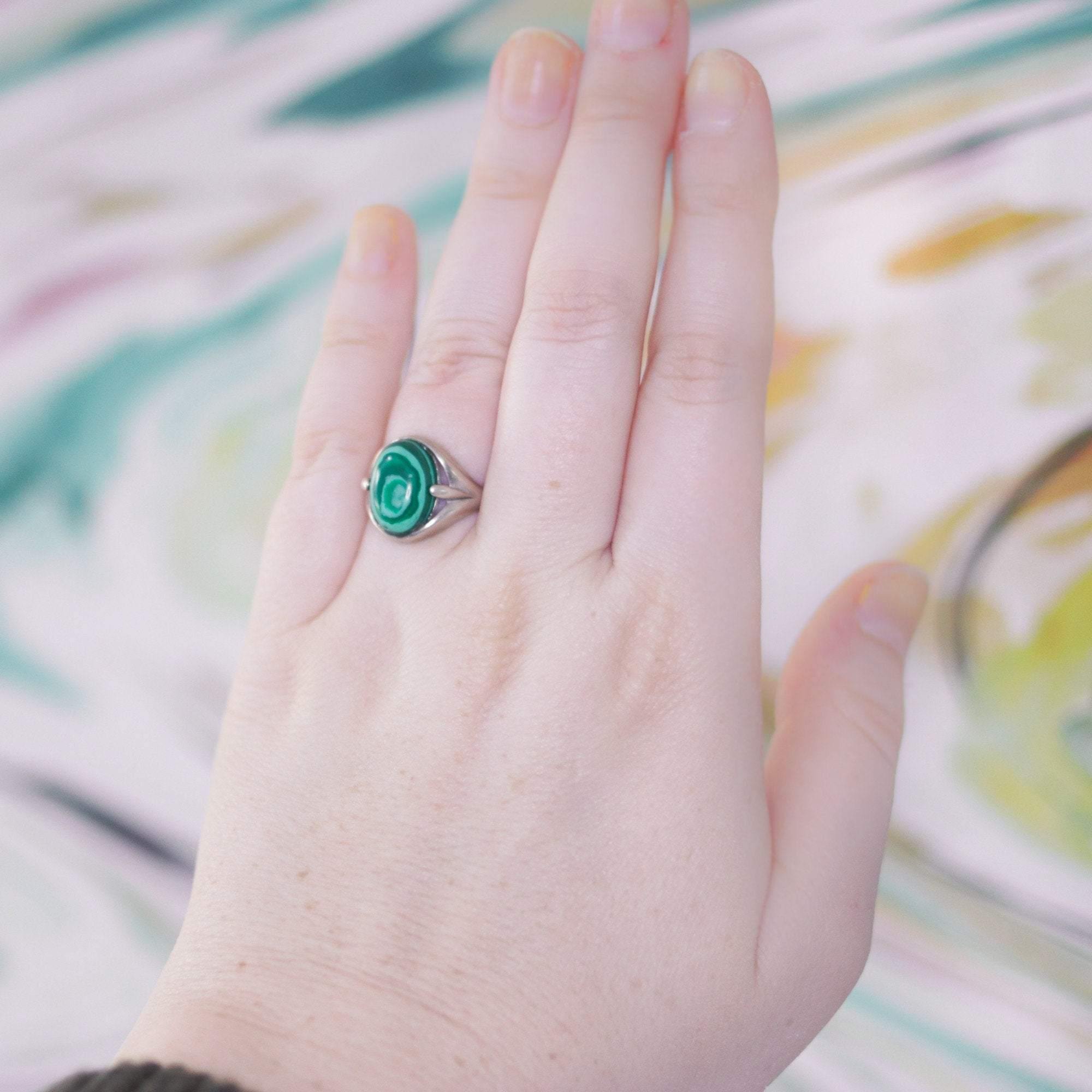 Vintage Malachite and Sterling Silver Ring by Sterling Silver - Vintage Meet Modern Vintage Jewelry - Chicago, Illinois - #oldhollywoodglamour #vintagemeetmodern #designervintage #jewelrybox #antiquejewelry #vintagejewelry