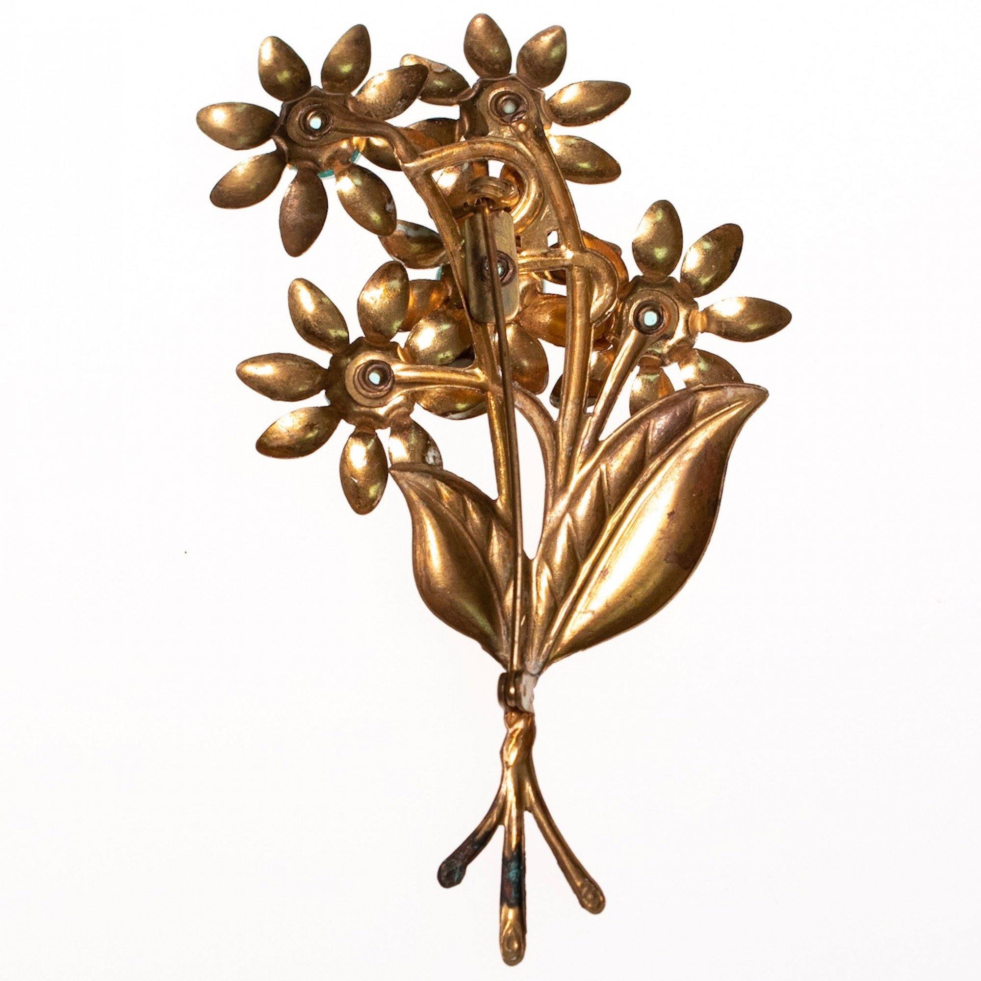 1940s Brass Flower Brooch With Aqua Lucite Crystals by 1940s - Vintage Meet Modern Vintage Jewelry - Chicago, Illinois - #oldhollywoodglamour #vintagemeetmodern #designervintage #jewelrybox #antiquejewelry #vintagejewelry