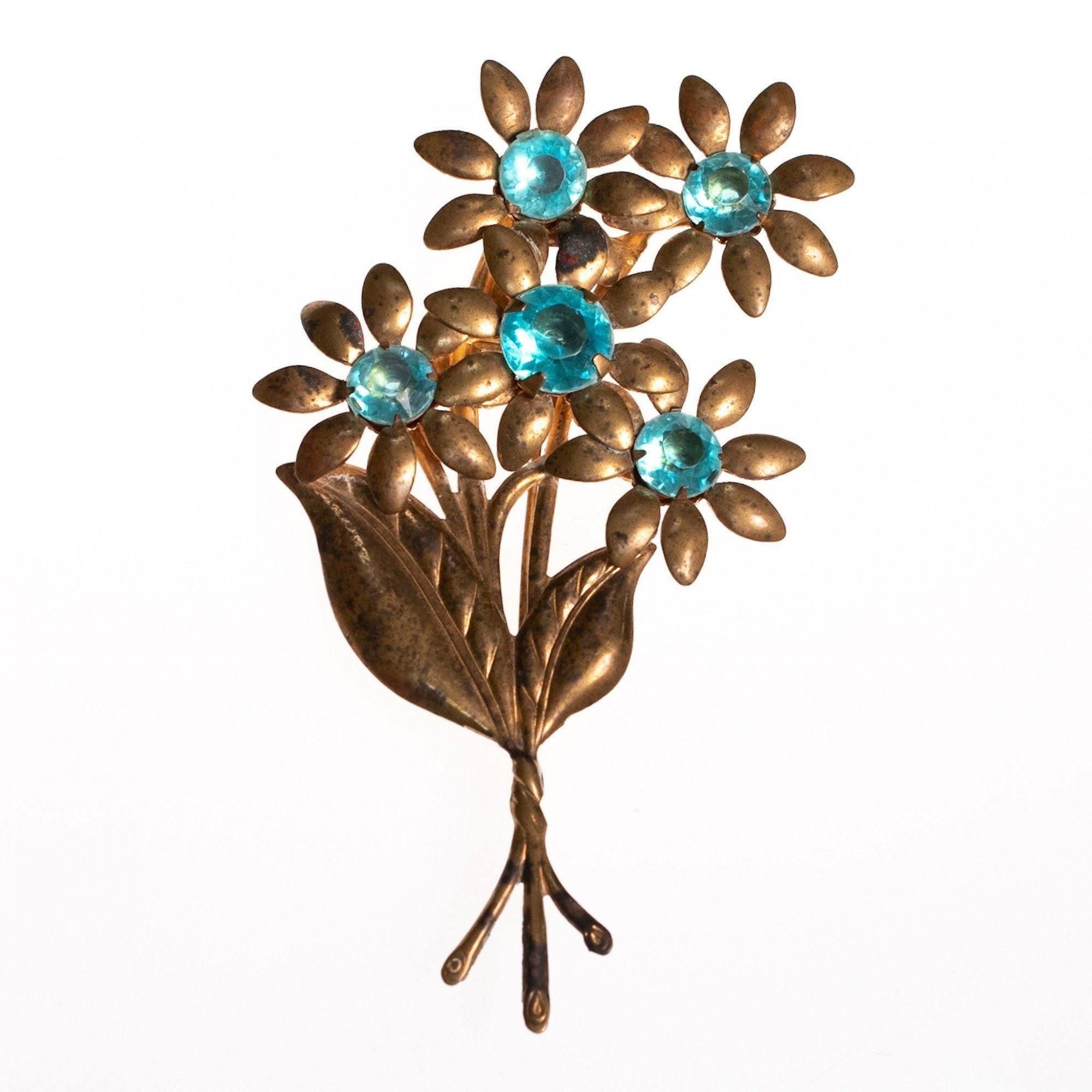 1940s Brass Flower Brooch With Aqua Lucite Crystals by 1940s - Vintage Meet Modern Vintage Jewelry - Chicago, Illinois - #oldhollywoodglamour #vintagemeetmodern #designervintage #jewelrybox #antiquejewelry #vintagejewelry