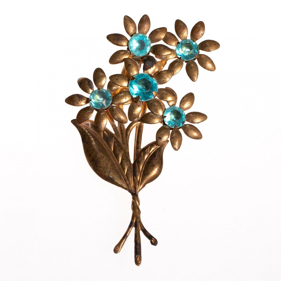 1940s Brass Flower Brooch With Aqua Lucite Crystals by 1940s - Vintage Meet Modern Vintage Jewelry - Chicago, Illinois - #oldhollywoodglamour #vintagemeetmodern #designervintage #jewelrybox #antiquejewelry #vintagejewelry