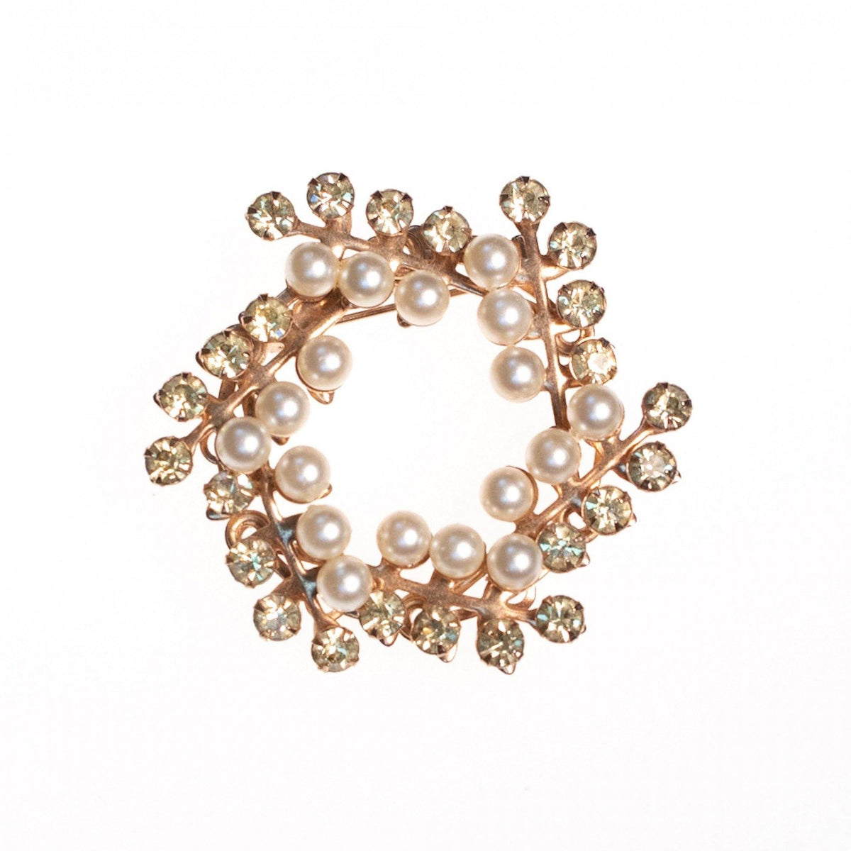 Vintage 1950s Pearl and Lemon Citrine Rhinestone Brooch