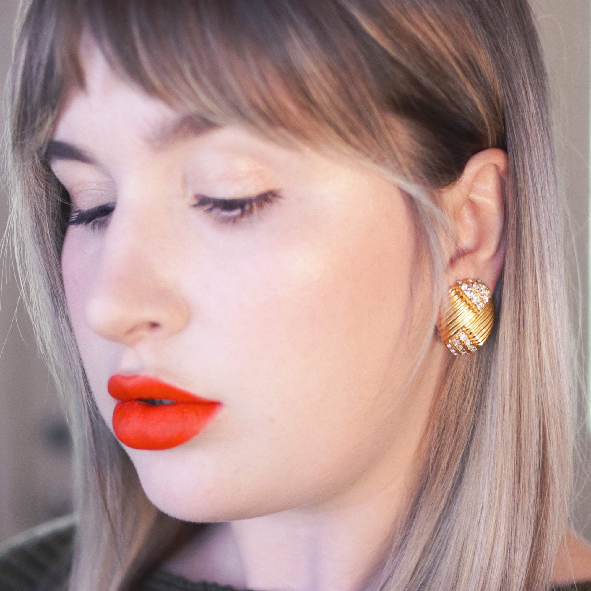 Vintage Joan Rivers  Gold Earrings Line Design with Pave Rhinestones by Joan Rivers - Vintage Meet Modern Vintage Jewelry - Chicago, Illinois - #oldhollywoodglamour #vintagemeetmodern #designervintage #jewelrybox #antiquejewelry #vintagejewelry