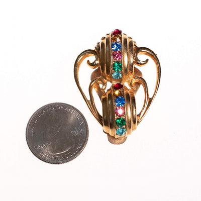 Vintage 1940s Gold Dress Clip with Colorful Rhinestones by 1940s - Vintage Meet Modern Vintage Jewelry - Chicago, Illinois - #oldhollywoodglamour #vintagemeetmodern #designervintage #jewelrybox #antiquejewelry #vintagejewelry