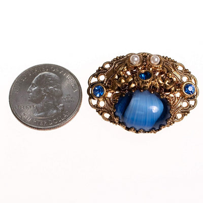 Vintage West Germany Small Givere Blue Glass, Faux Pearl Gold Filigree Brooch by West Germany - Vintage Meet Modern Vintage Jewelry - Chicago, Illinois - #oldhollywoodglamour #vintagemeetmodern #designervintage #jewelrybox #antiquejewelry #vintagejewelry