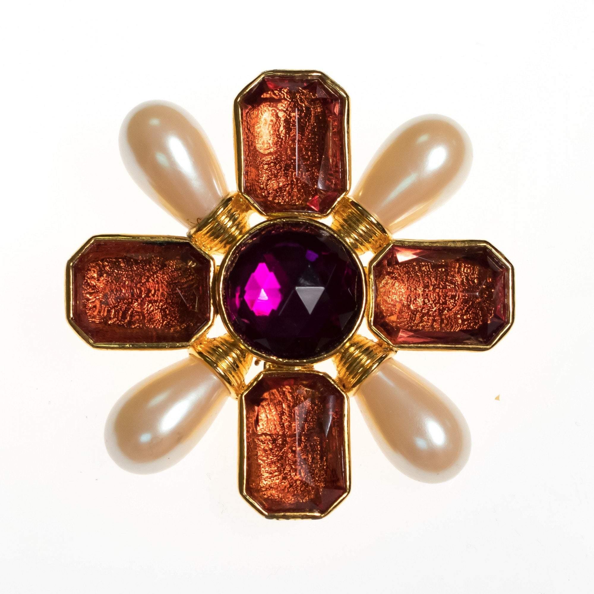 Vintage Avon Mogul Style Maltese Cross Brooch/Pendant with Pearls, Amber Crystal and Amethyst Lucite Cabochon by Avon - Vintage Meet Modern Vintage Jewelry - Chicago, Illinois - #oldhollywoodglamour #vintagemeetmodern #designervintage #jewelrybox #antiquejewelry #vintagejewelry