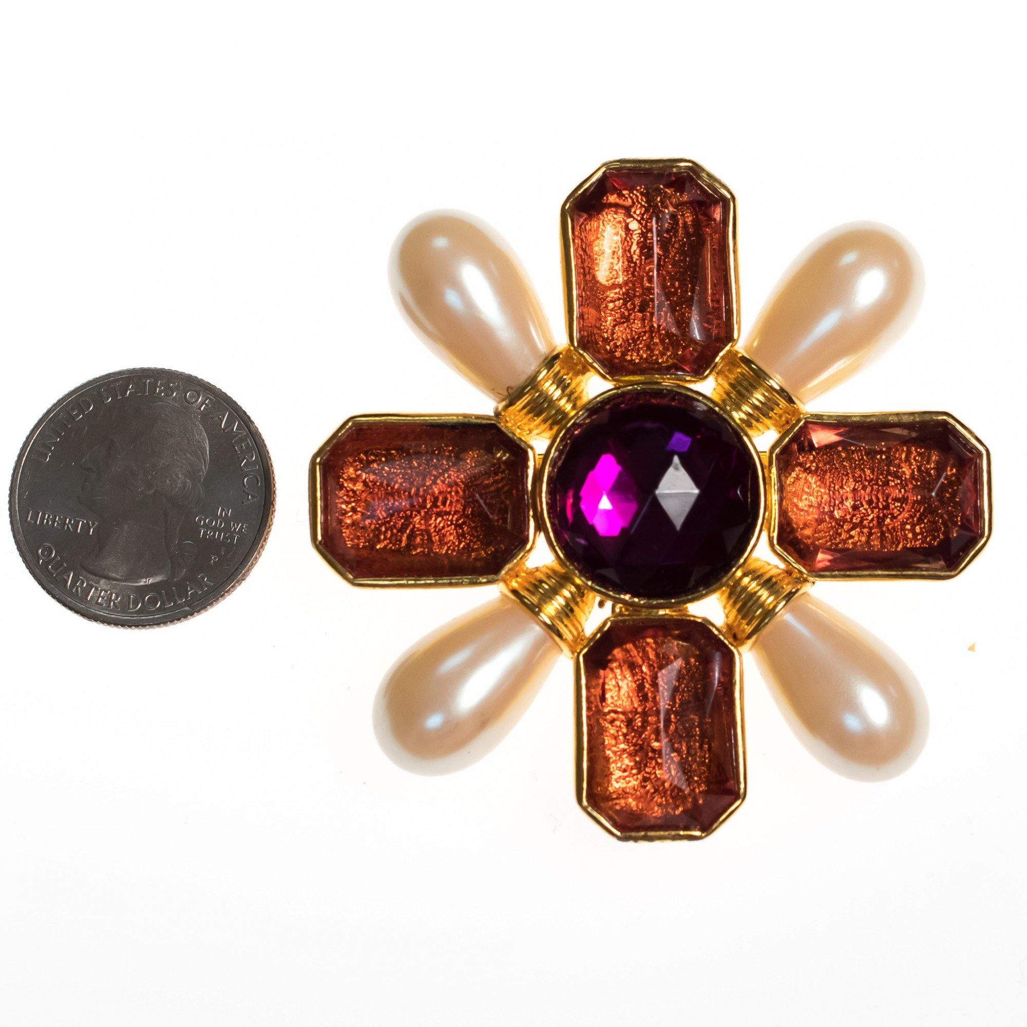 Vintage Avon Mogul Style Maltese Cross Brooch/Pendant with Pearls, Amber Crystal and Amethyst Lucite Cabochon by Avon - Vintage Meet Modern Vintage Jewelry - Chicago, Illinois - #oldhollywoodglamour #vintagemeetmodern #designervintage #jewelrybox #antiquejewelry #vintagejewelry