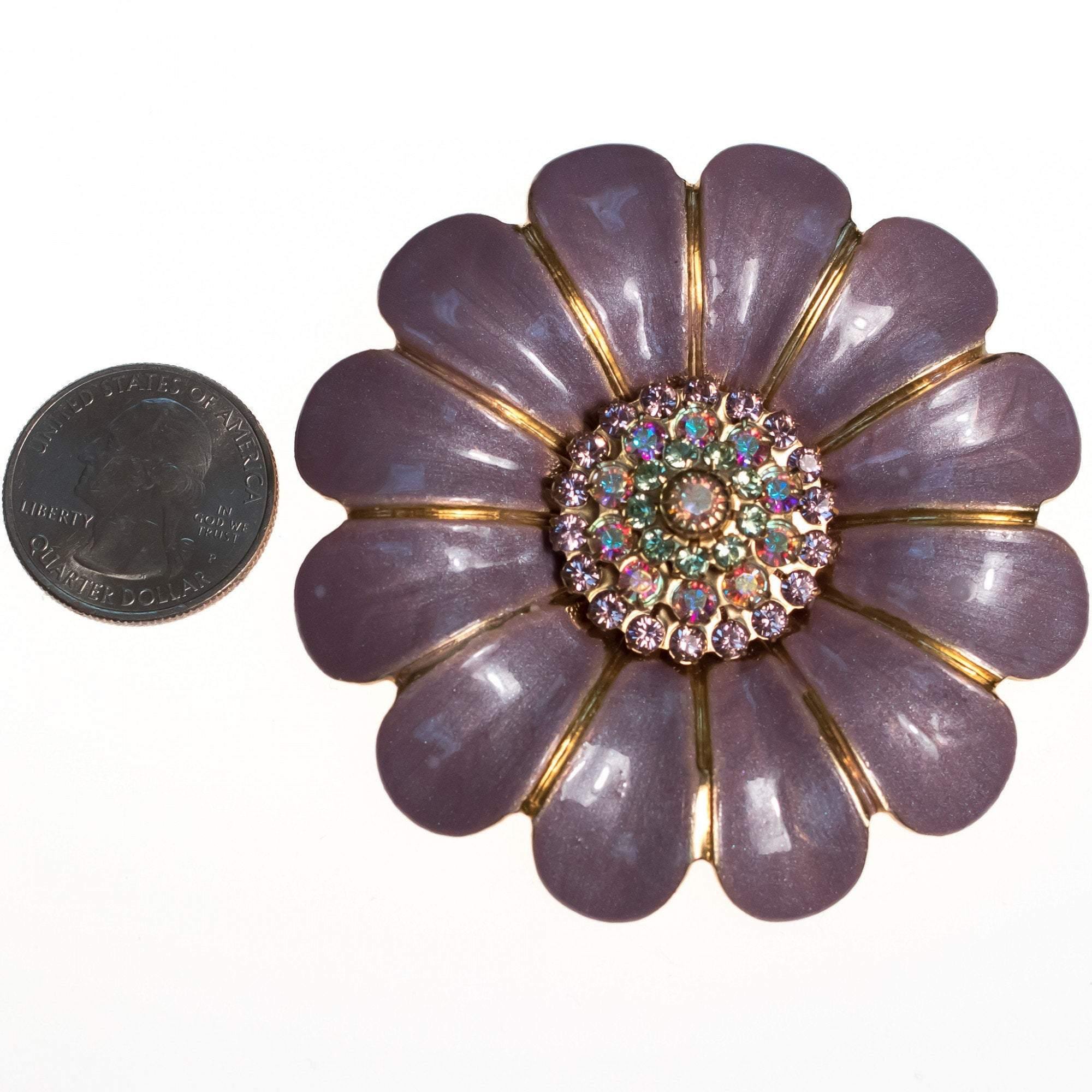 Vintage Liz Palacios Lavender Flower Brooch with Aurora Borealis Crystal Center by Liz Palacios - Vintage Meet Modern Vintage Jewelry - Chicago, Illinois - #oldhollywoodglamour #vintagemeetmodern #designervintage #jewelrybox #antiquejewelry #vintagejewelry
