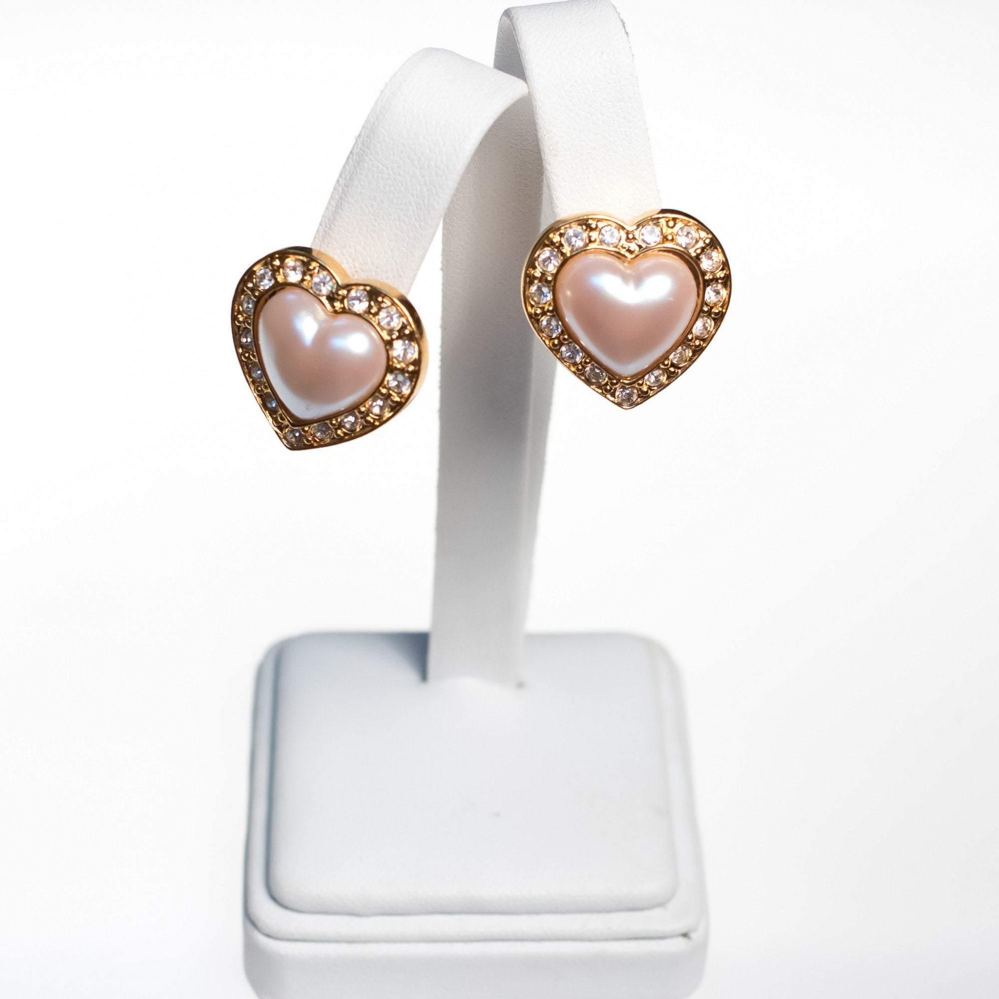 Vintage Avon Pearl and Diamante Crystal Heart Earrings by Avon - Vintage Meet Modern Vintage Jewelry - Chicago, Illinois - #oldhollywoodglamour #vintagemeetmodern #designervintage #jewelrybox #antiquejewelry #vintagejewelry