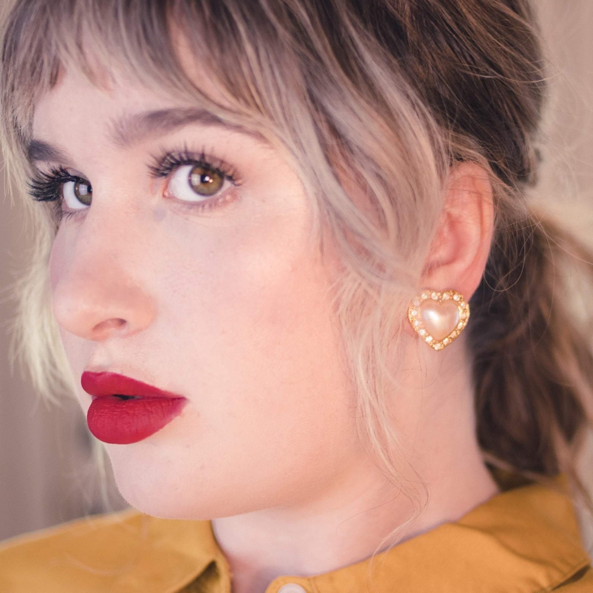 Vintage Avon Pearl and Diamante Crystal Heart Earrings by Avon - Vintage Meet Modern Vintage Jewelry - Chicago, Illinois - #oldhollywoodglamour #vintagemeetmodern #designervintage #jewelrybox #antiquejewelry #vintagejewelry