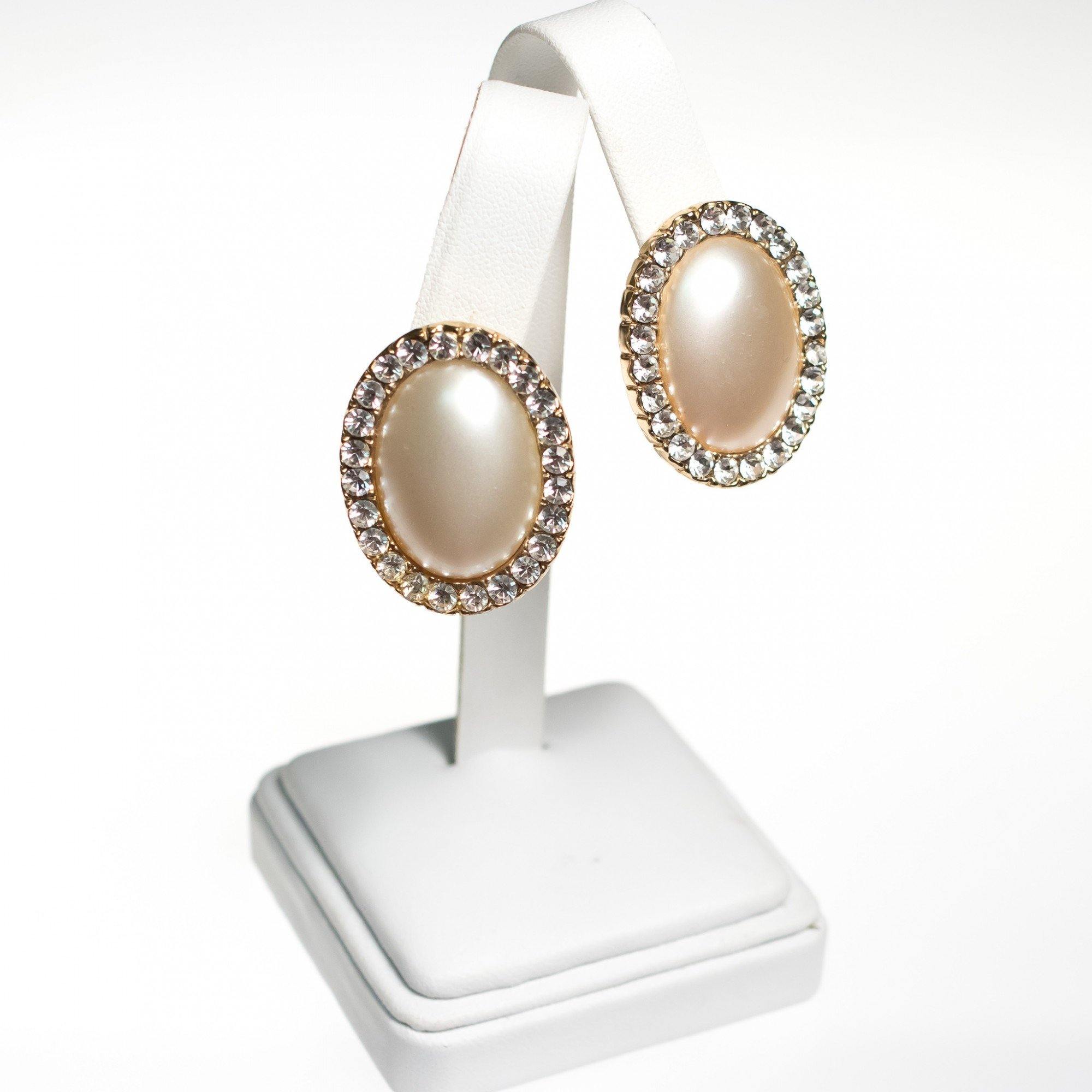 Vintage Oval Large Pearl and Diamante Crystal Earrings by 1980s - Vintage Meet Modern Vintage Jewelry - Chicago, Illinois - #oldhollywoodglamour #vintagemeetmodern #designervintage #jewelrybox #antiquejewelry #vintagejewelry