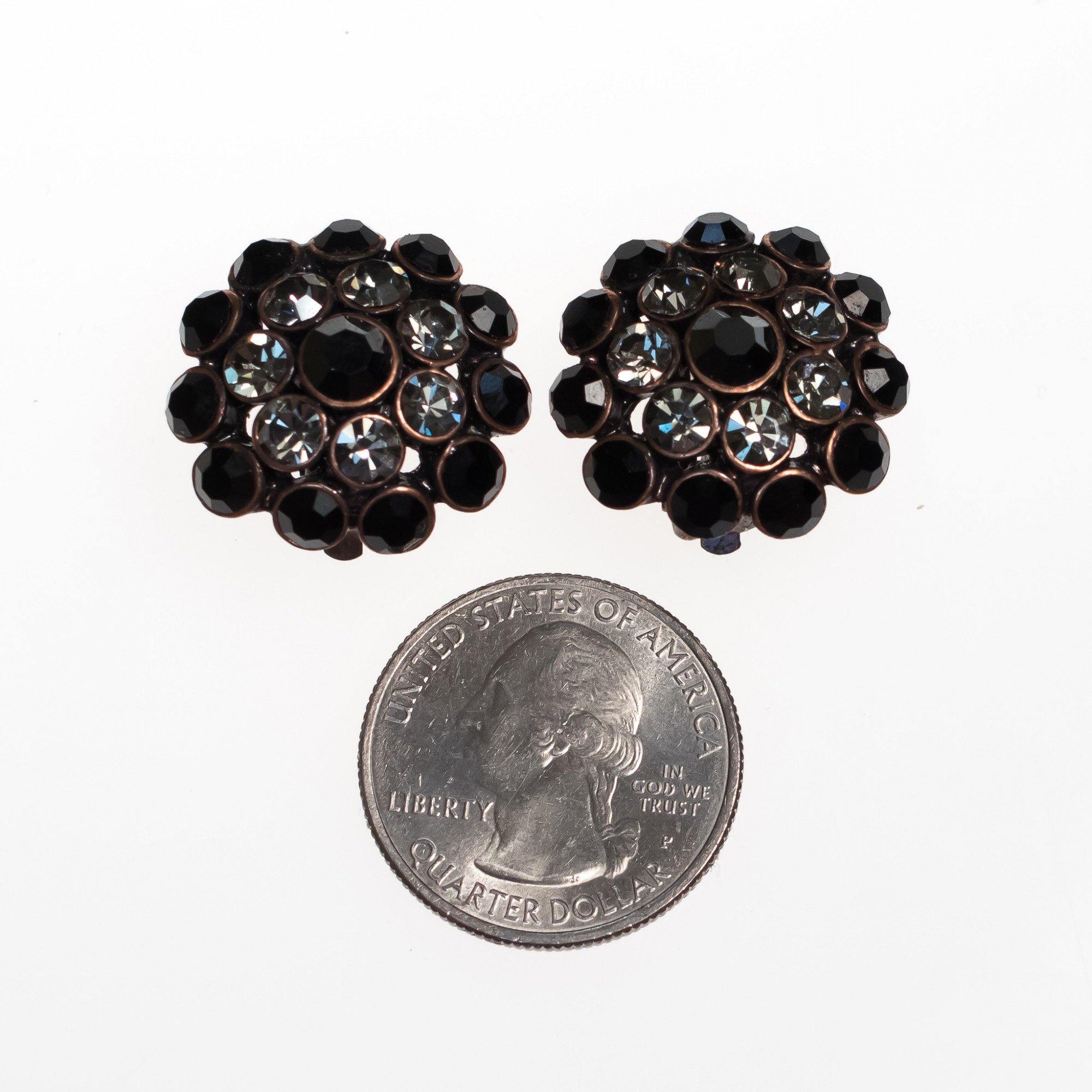 Vintage Black Jet and Smoke Crystal Round Cluster Earrings by 1950s - Vintage Meet Modern Vintage Jewelry - Chicago, Illinois - #oldhollywoodglamour #vintagemeetmodern #designervintage #jewelrybox #antiquejewelry #vintagejewelry