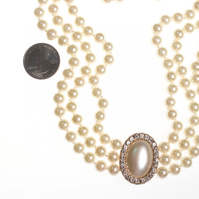 Vintage Luxurious Triple Strand Glass Pearl Necklace with Oval Pearl and Diamante Medallion by 1980s - Vintage Meet Modern Vintage Jewelry - Chicago, Illinois - #oldhollywoodglamour #vintagemeetmodern #designervintage #jewelrybox #antiquejewelry #vintagejewelry