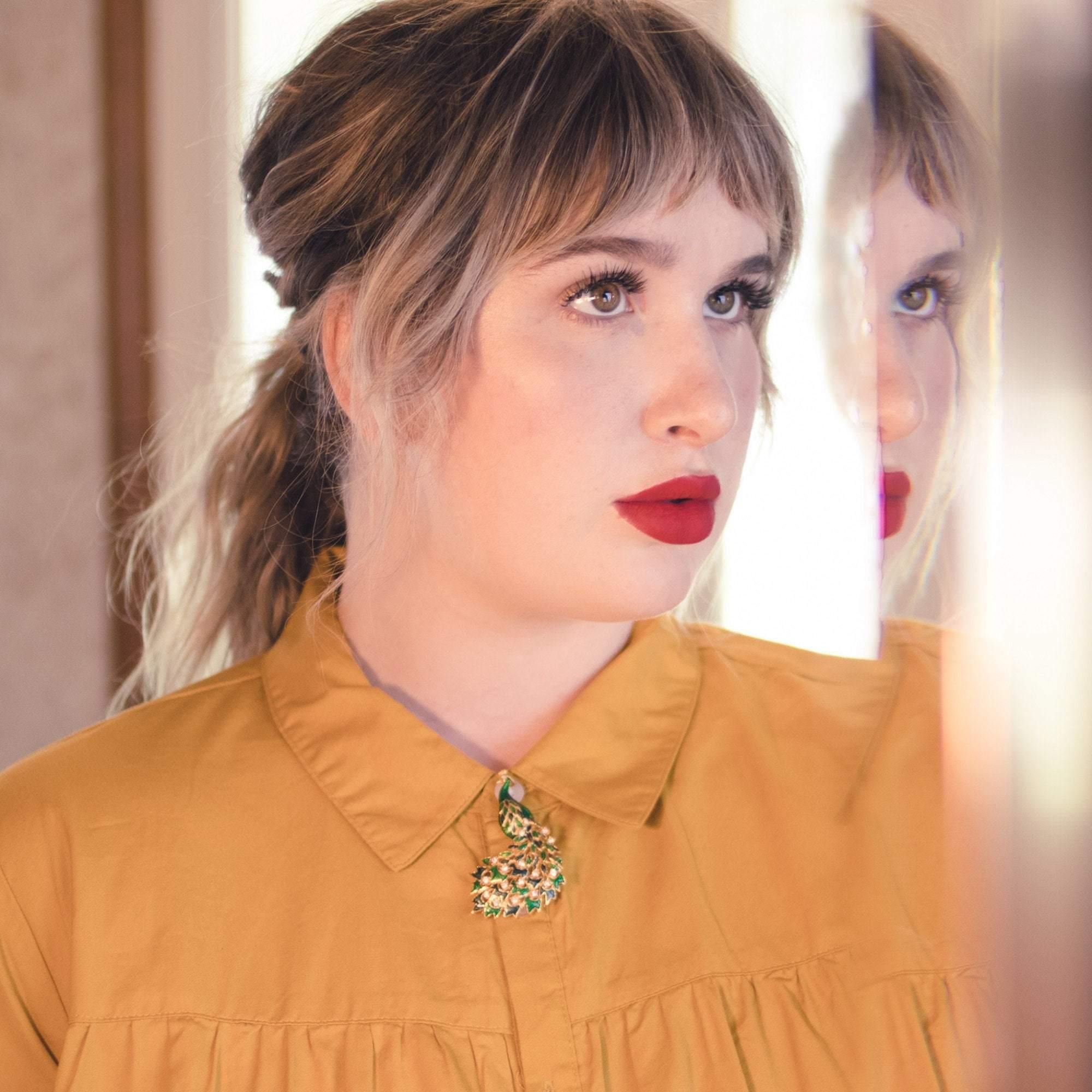 Vintage Green and Blue Bejeweled Peacock Brooch by 1970s - Vintage Meet Modern Vintage Jewelry - Chicago, Illinois - #oldhollywoodglamour #vintagemeetmodern #designervintage #jewelrybox #antiquejewelry #vintagejewelry