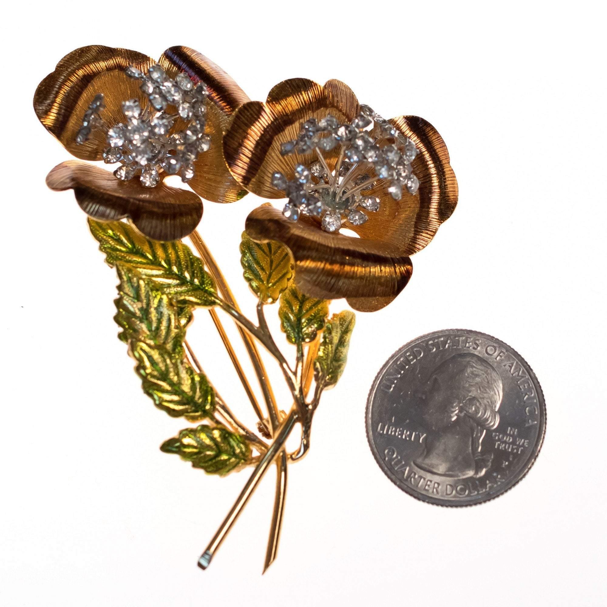 Vintage Gold Long Stem Rose Cluster Brooch with Rhinestone Trembler Centers by 1950s - Vintage Meet Modern Vintage Jewelry - Chicago, Illinois - #oldhollywoodglamour #vintagemeetmodern #designervintage #jewelrybox #antiquejewelry #vintagejewelry