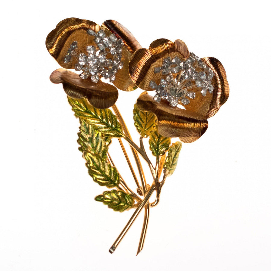 Vintage Gold Long Stem Rose Cluster Brooch with Rhinestone Trembler Centers by 1950s - Vintage Meet Modern Vintage Jewelry - Chicago, Illinois - #oldhollywoodglamour #vintagemeetmodern #designervintage #jewelrybox #antiquejewelry #vintagejewelry