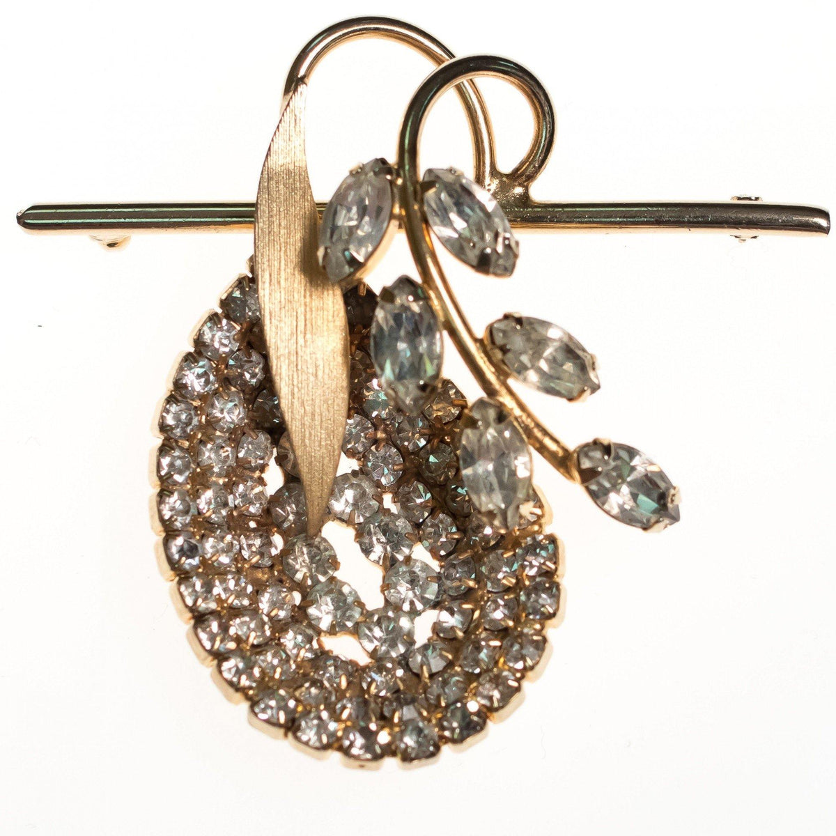 Vintage Mid Century Modern Diamante Clear Floral Brooch with Gold Accents