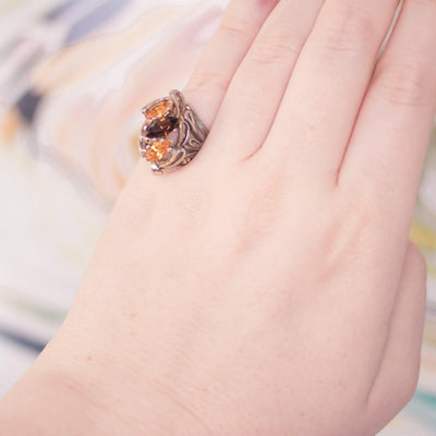 Vintage Brutalist Modern Style Sterling Silver Citrine and Smokey Topaz Statement Ring by 1980s - Vintage Meet Modern Vintage Jewelry - Chicago, Illinois - #oldhollywoodglamour #vintagemeetmodern #designervintage #jewelrybox #antiquejewelry #vintagejewelry
