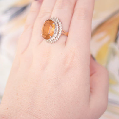 Vintage 1980s Citrine Crystal Statement Ring with Princess Halo Setting by 1980s - Vintage Meet Modern Vintage Jewelry - Chicago, Illinois - #oldhollywoodglamour #vintagemeetmodern #designervintage #jewelrybox #antiquejewelry #vintagejewelry