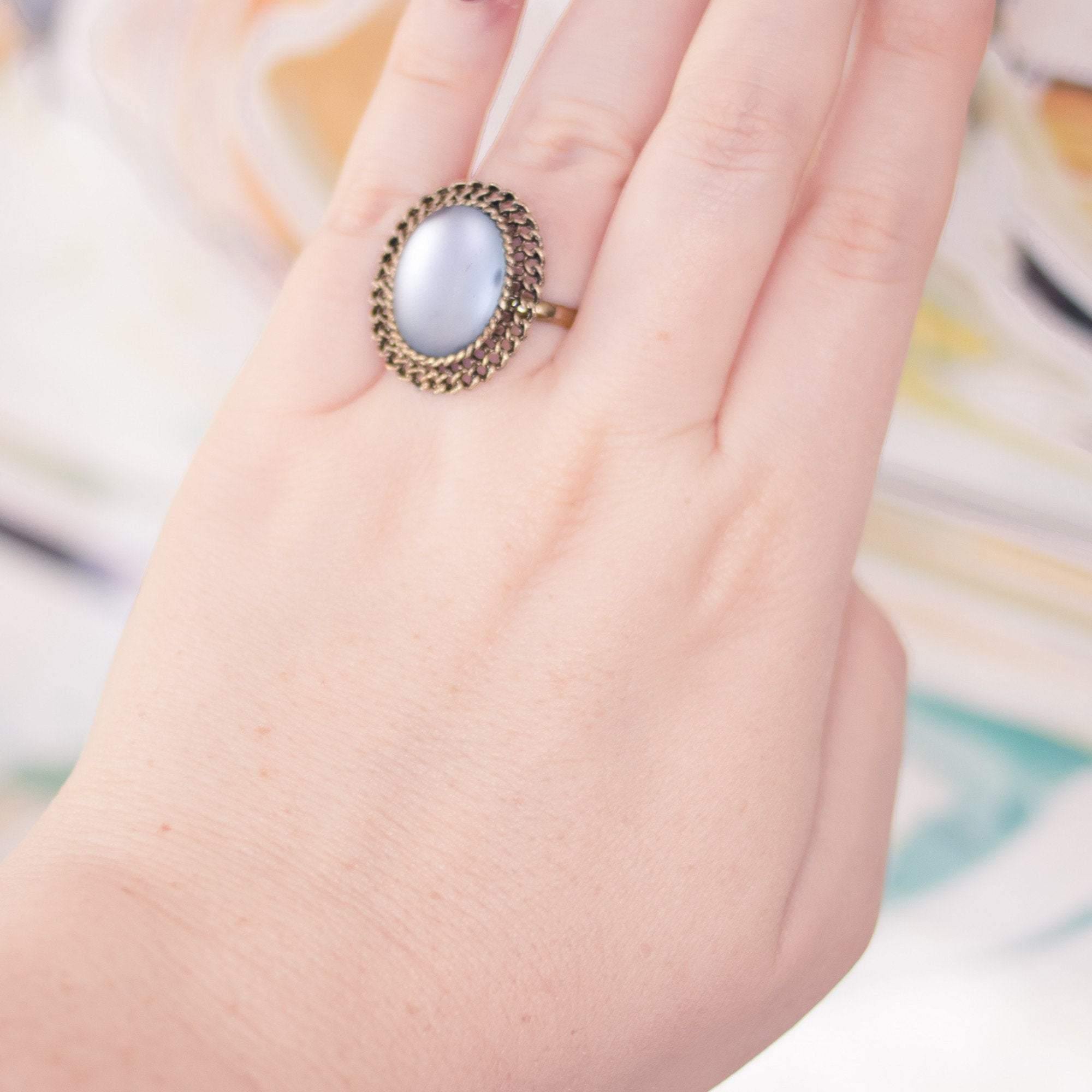 Vintage Matte Blue Crystal Ring with Gold Setting by 1950s - Vintage Meet Modern Vintage Jewelry - Chicago, Illinois - #oldhollywoodglamour #vintagemeetmodern #designervintage #jewelrybox #antiquejewelry #vintagejewelry